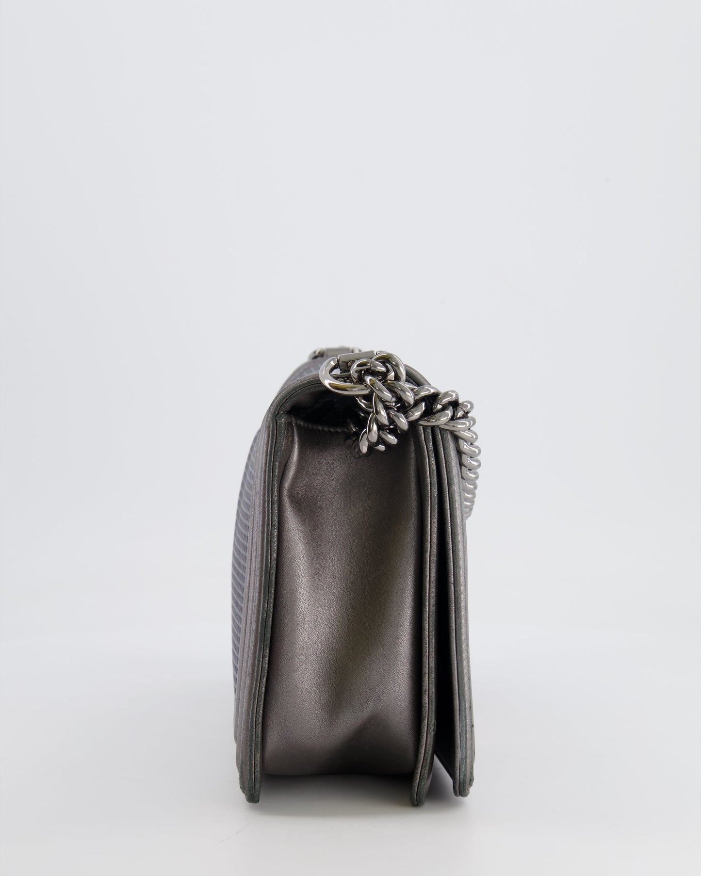 Chanel Grey Silver Medium Cube Calfskin Boy Bag with Silver, Gold and Red Hardware