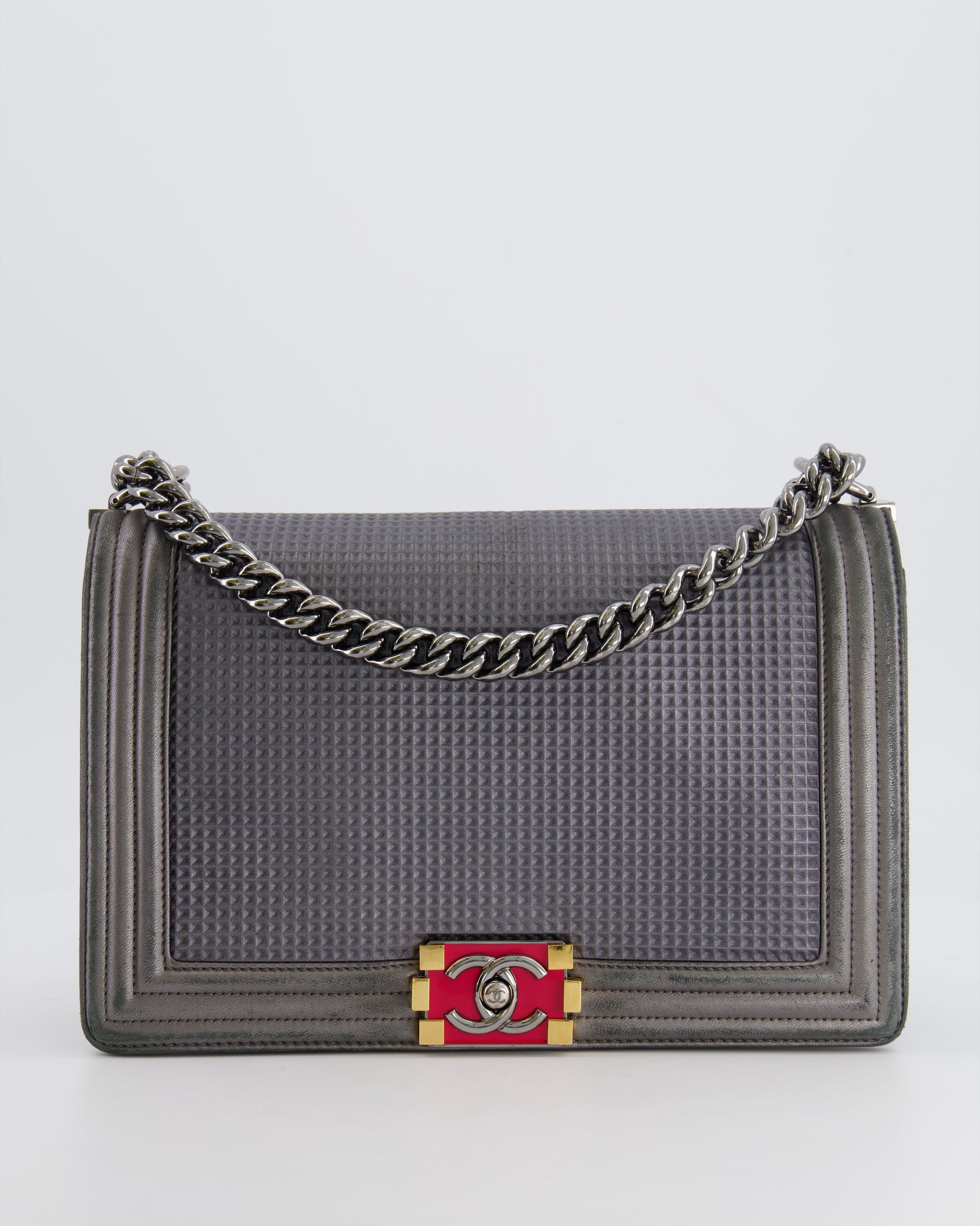 Chanel Grey Silver Medium Cube Calfskin Boy Bag With Silver, Gold And Red Hardware