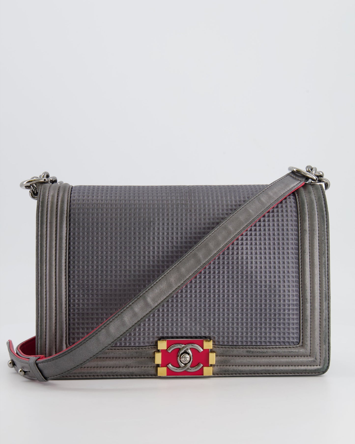 Chanel Grey Silver Medium Cube Calfskin Boy Bag With Silver, Gold And Red Hardware