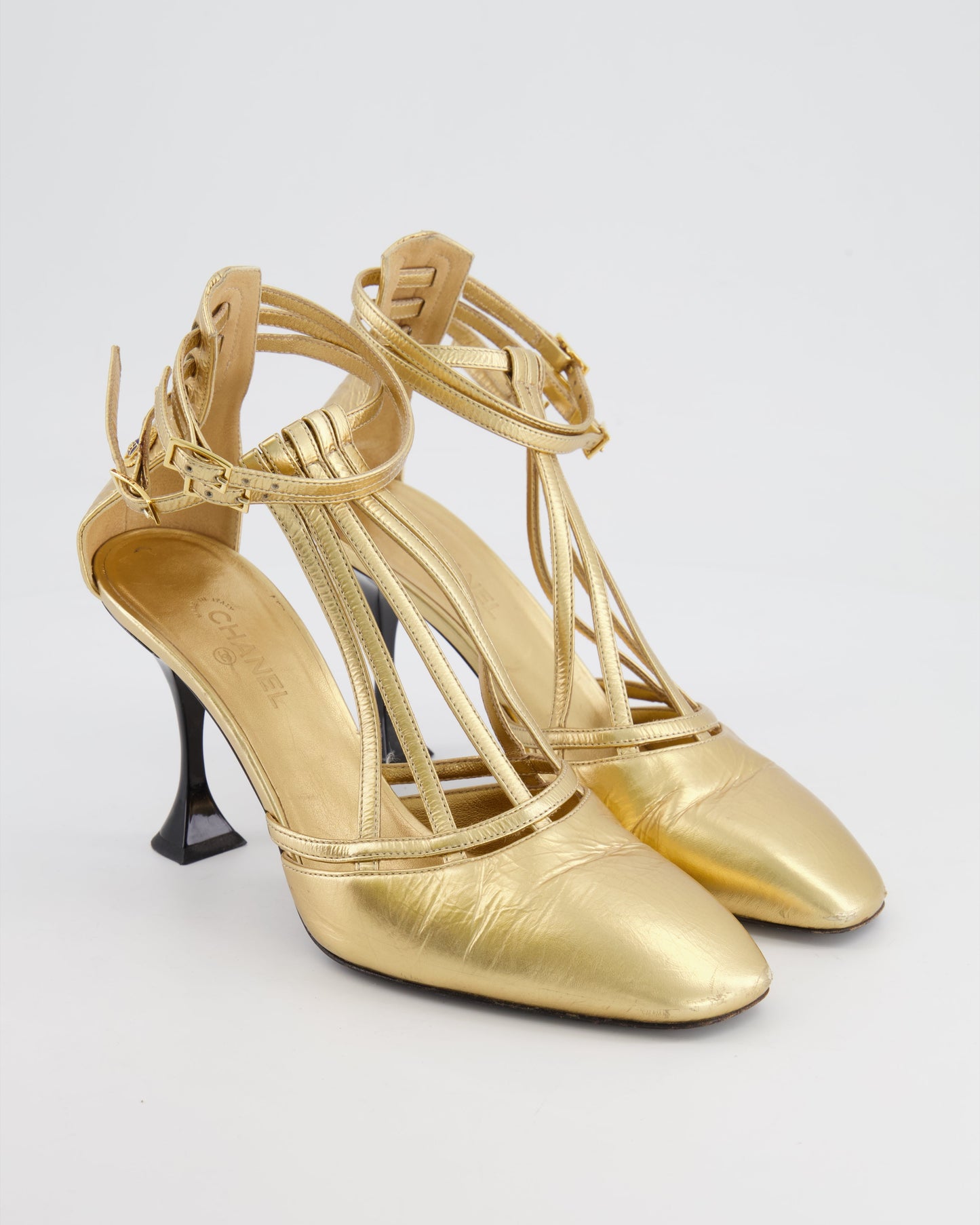 Chanel Gold Distressed Leather Caged Pumps with Black Heel Detail Size 38C for Women