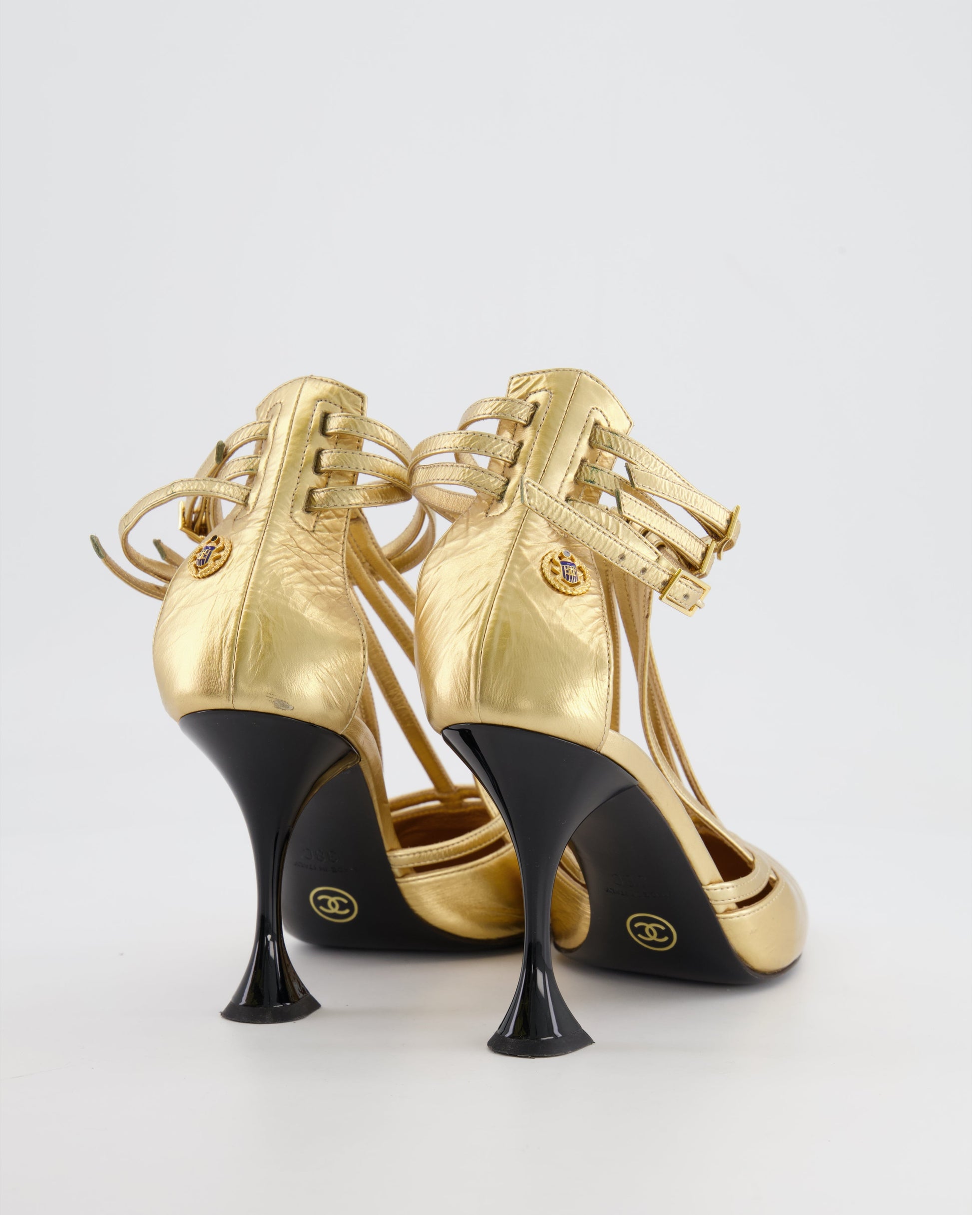 Chanel Gold Distressed Leather Caged Pumps with Black Heel Detail Size 38C for Women