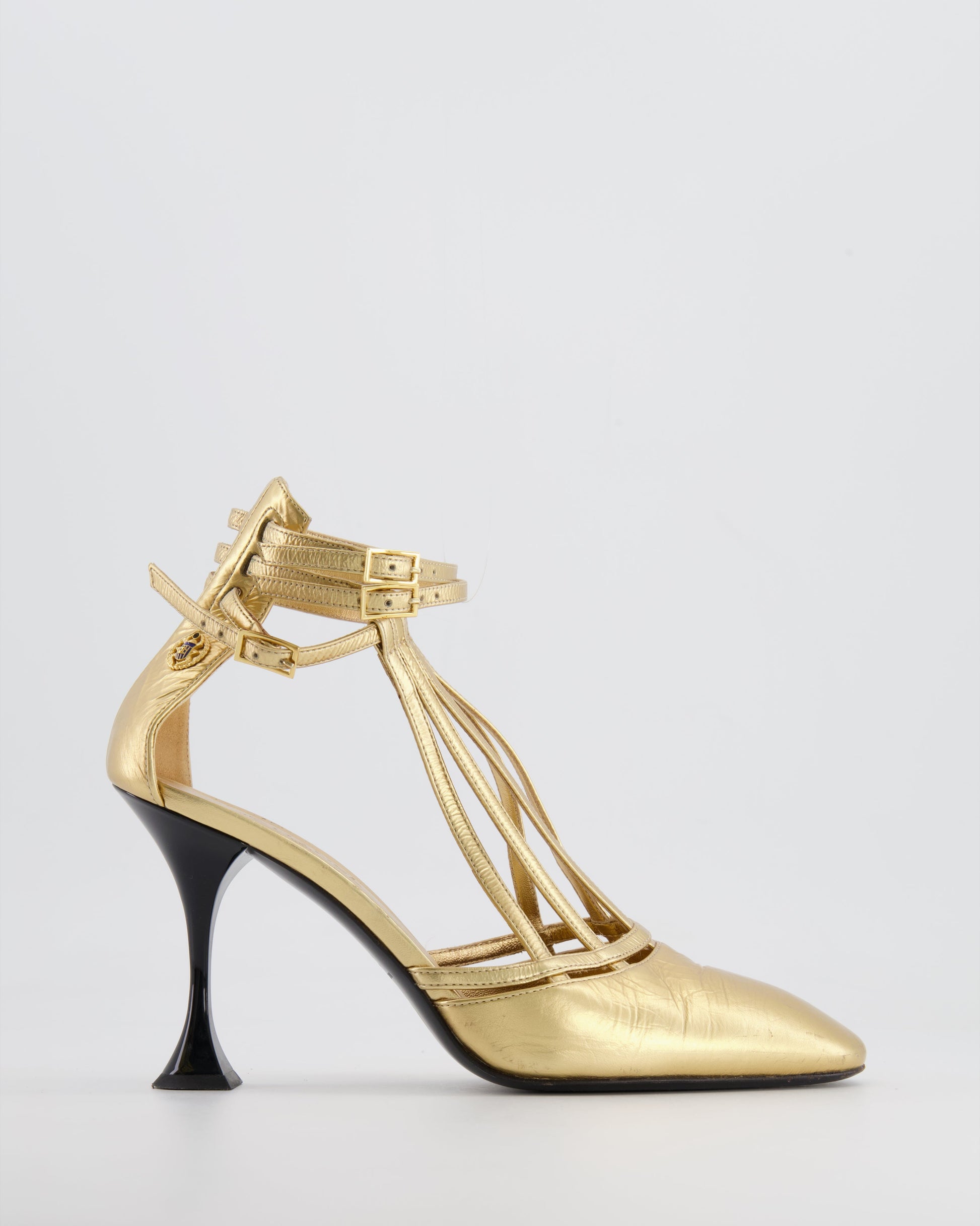 Chanel Gold Distressed Leather Caged Pumps with Black Heel Detail Size 38C for Women