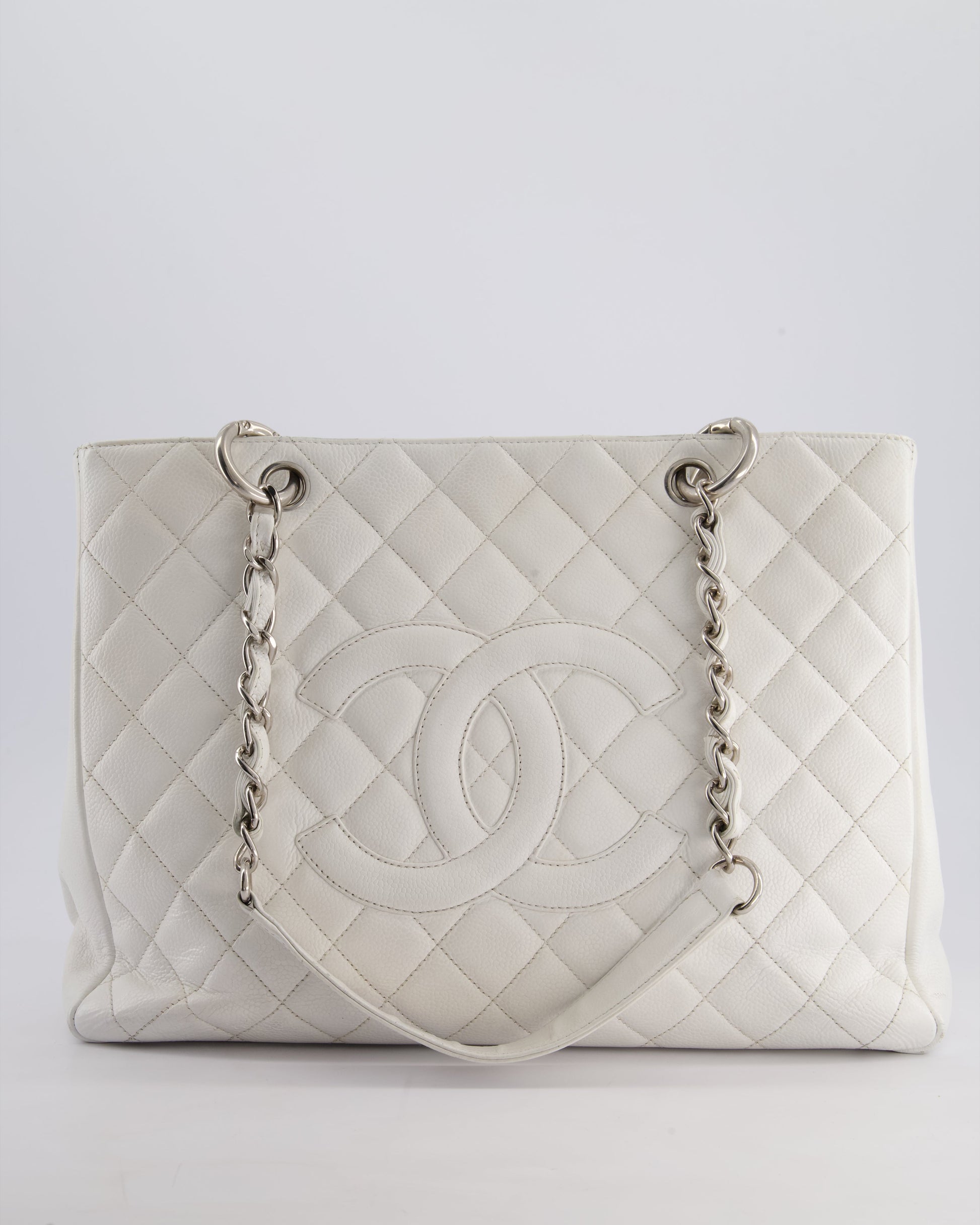 Chanel White Gst Tote Bag in Caviar Leather with Silver Hardware