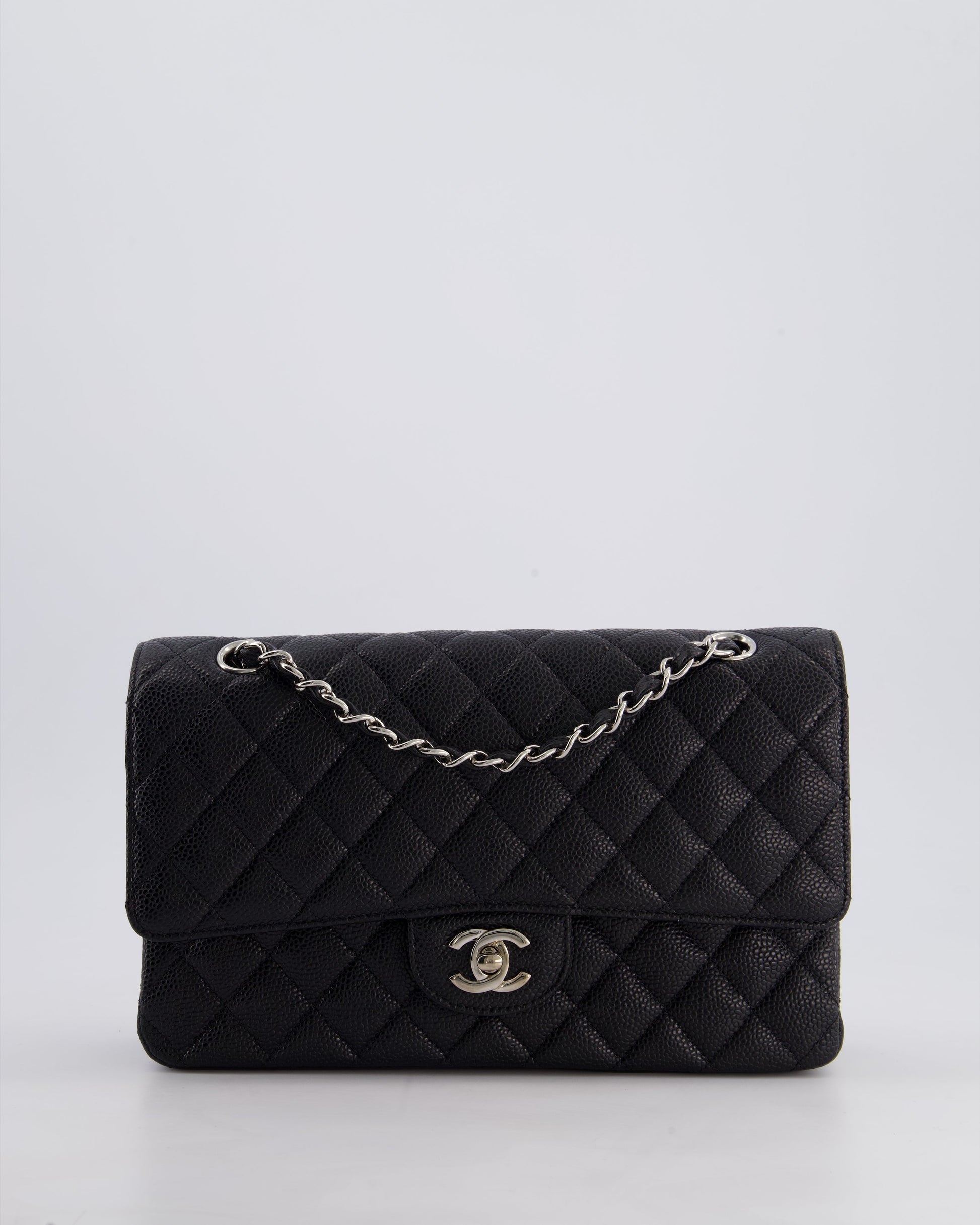Chanel Medium Black Classic Double Flap Bag In Caviar Leather With Silver Hardware