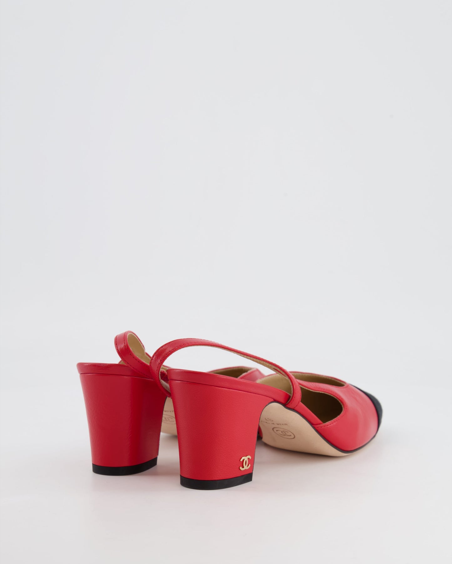 Chanel Red And Black Leather Slingback Shoes With Gold Cc Logo Detail Size Eu 38.5