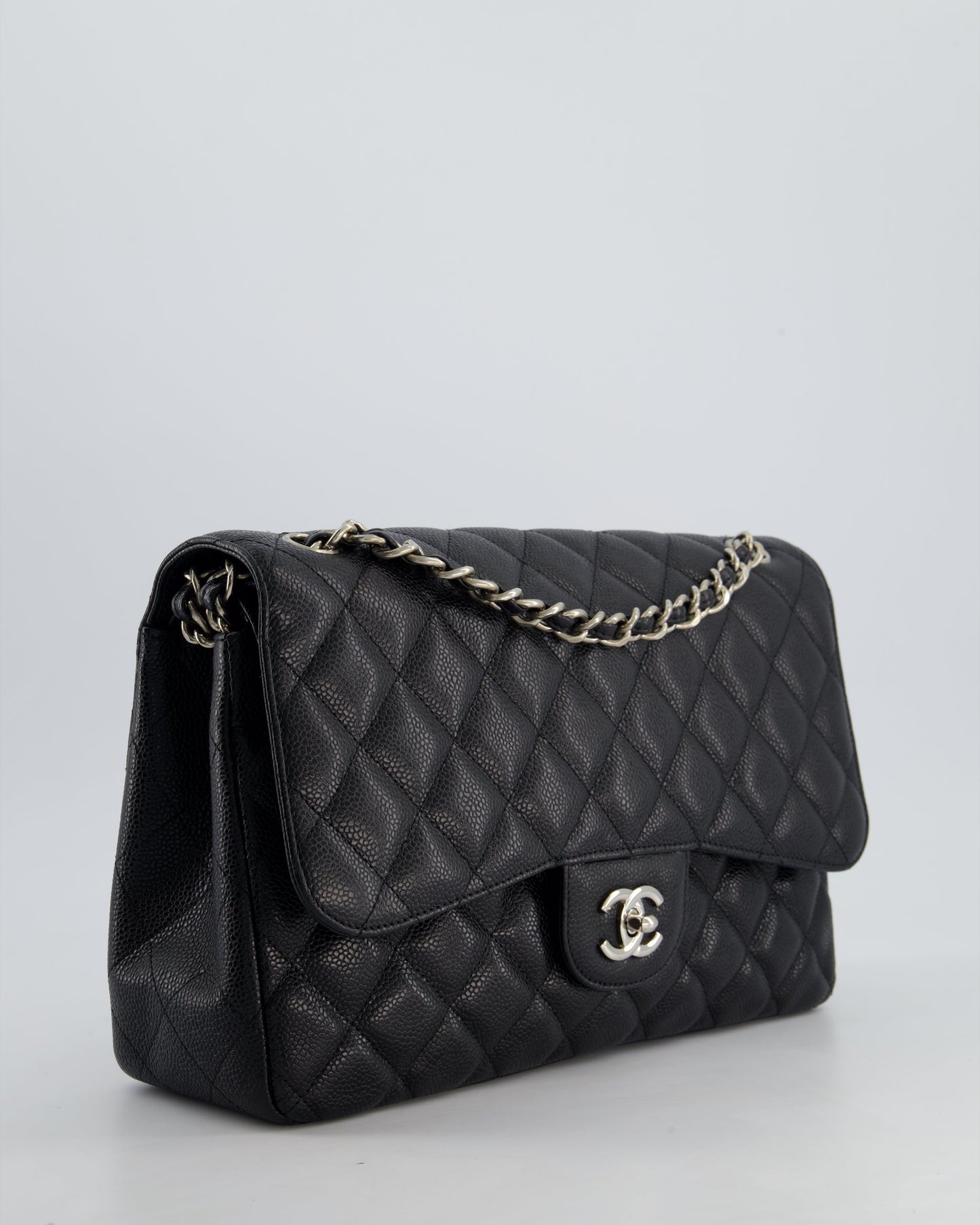 Chanel Black Jumbo Classic Double Flap Bag In Caviar Leather With Silver Hardware