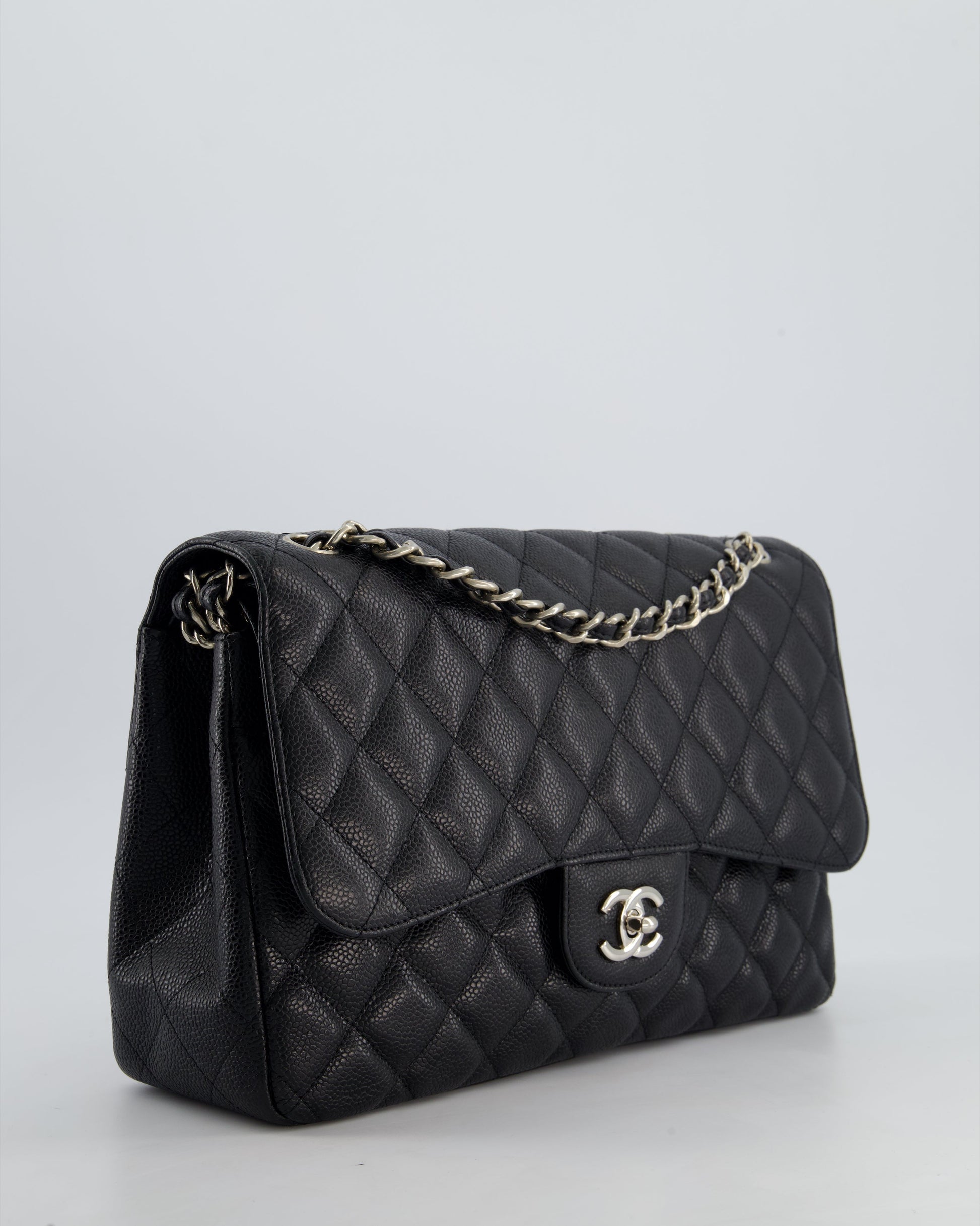 Chanel Black Jumbo Classic Double Flap Bag In Caviar Leather With Silver Hardware