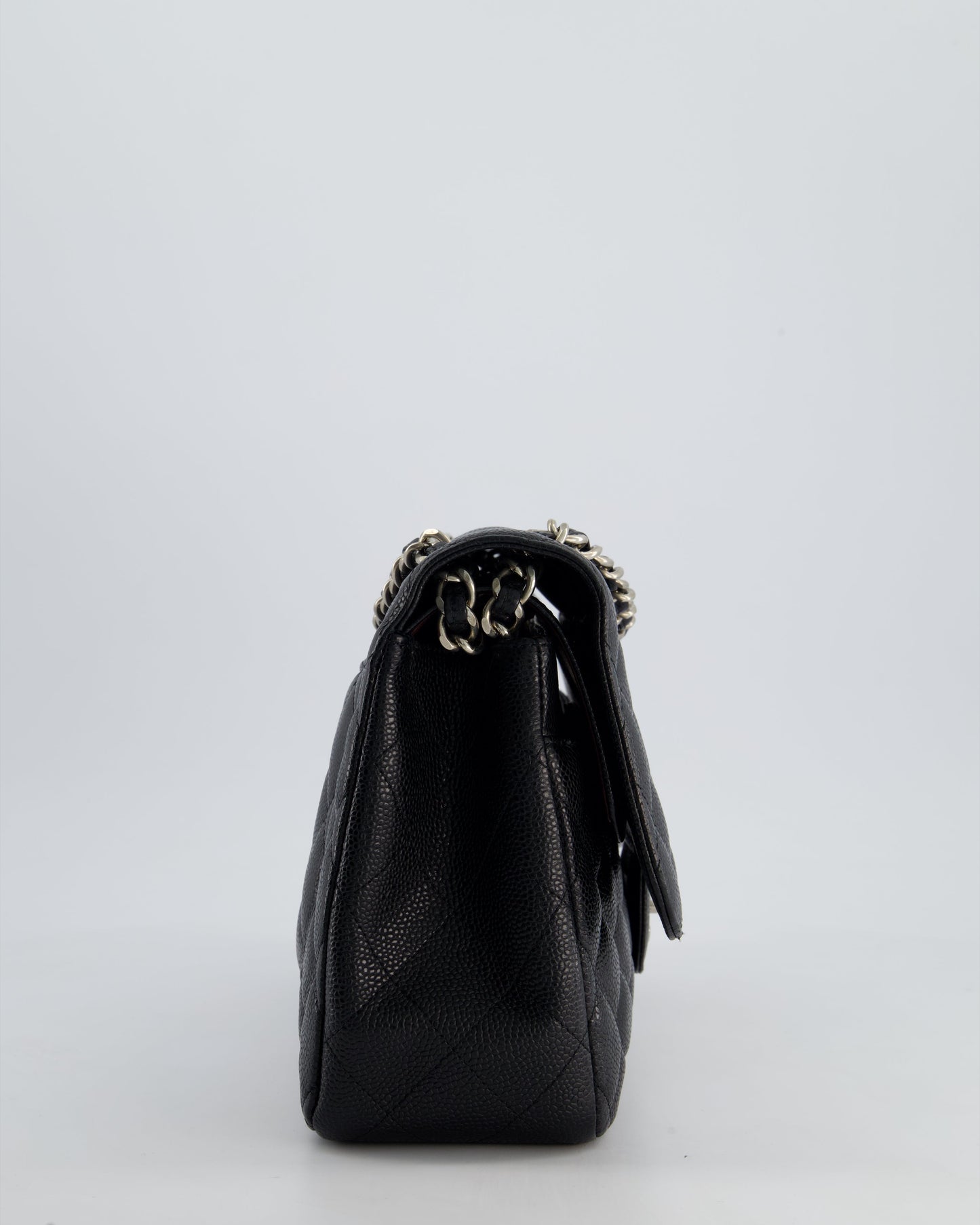 Chanel Black Jumbo Classic Double Flap Bag In Caviar Leather With Silver Hardware