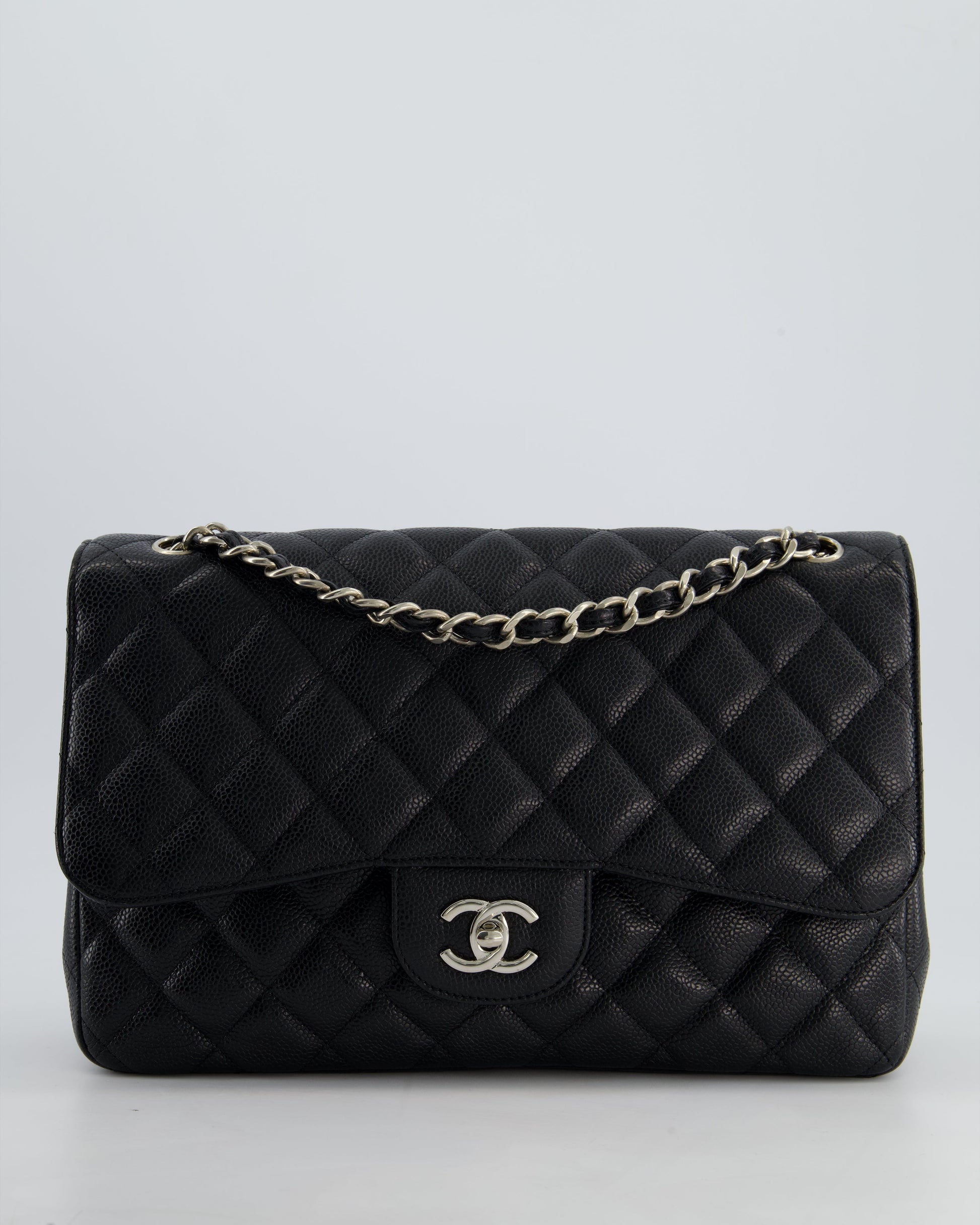 Chanel Black Jumbo Classic Double Flap Bag In Caviar Leather With Silver Hardware