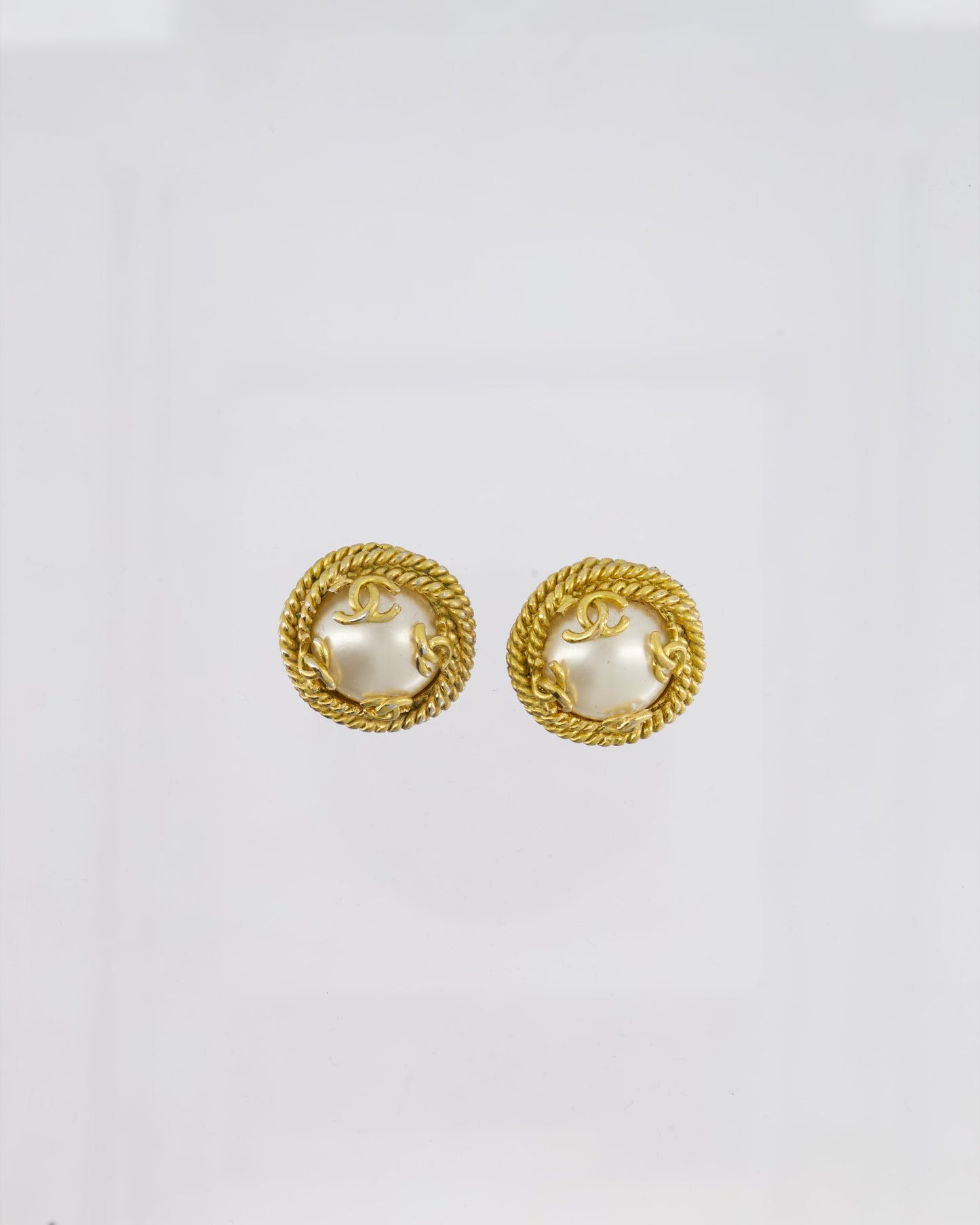 Chanel   95A Gold and Pearl Round CC Logo Textured Earrings