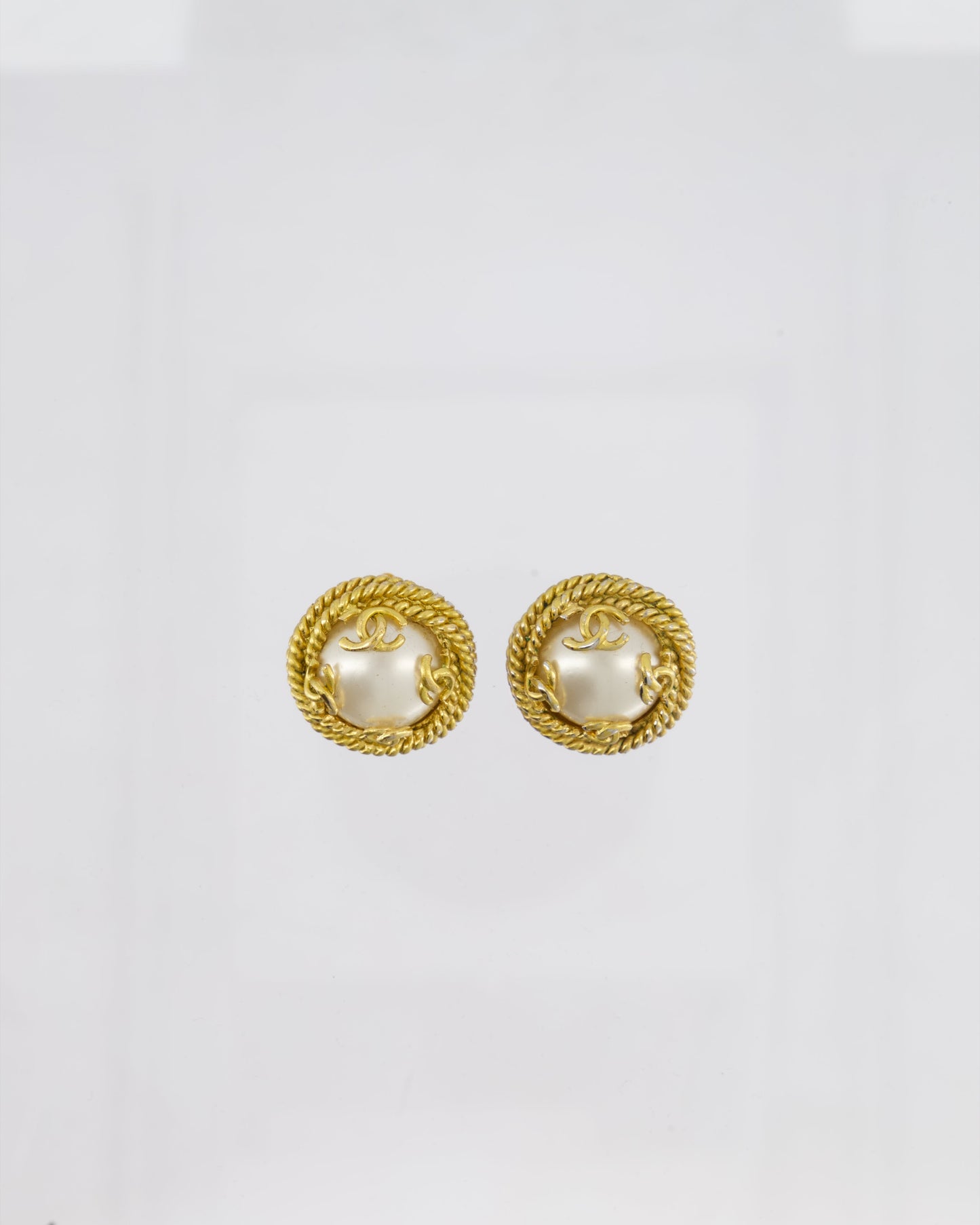 Chanel   95A Gold and Pearl Round CC Logo Textured Earrings