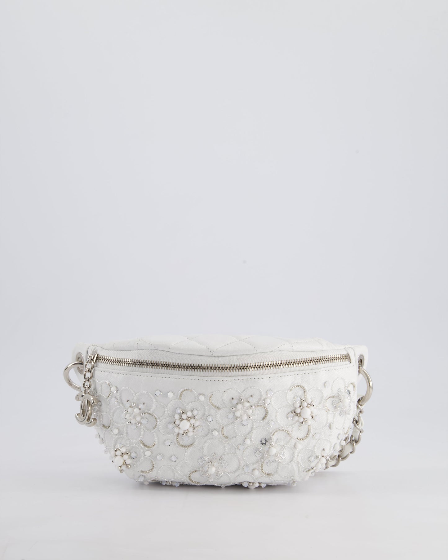 Chanel White Lambskin Leather Bum Bag With Silver Crystal Bead Embellishments And Silver Hardware Rrp £4,660