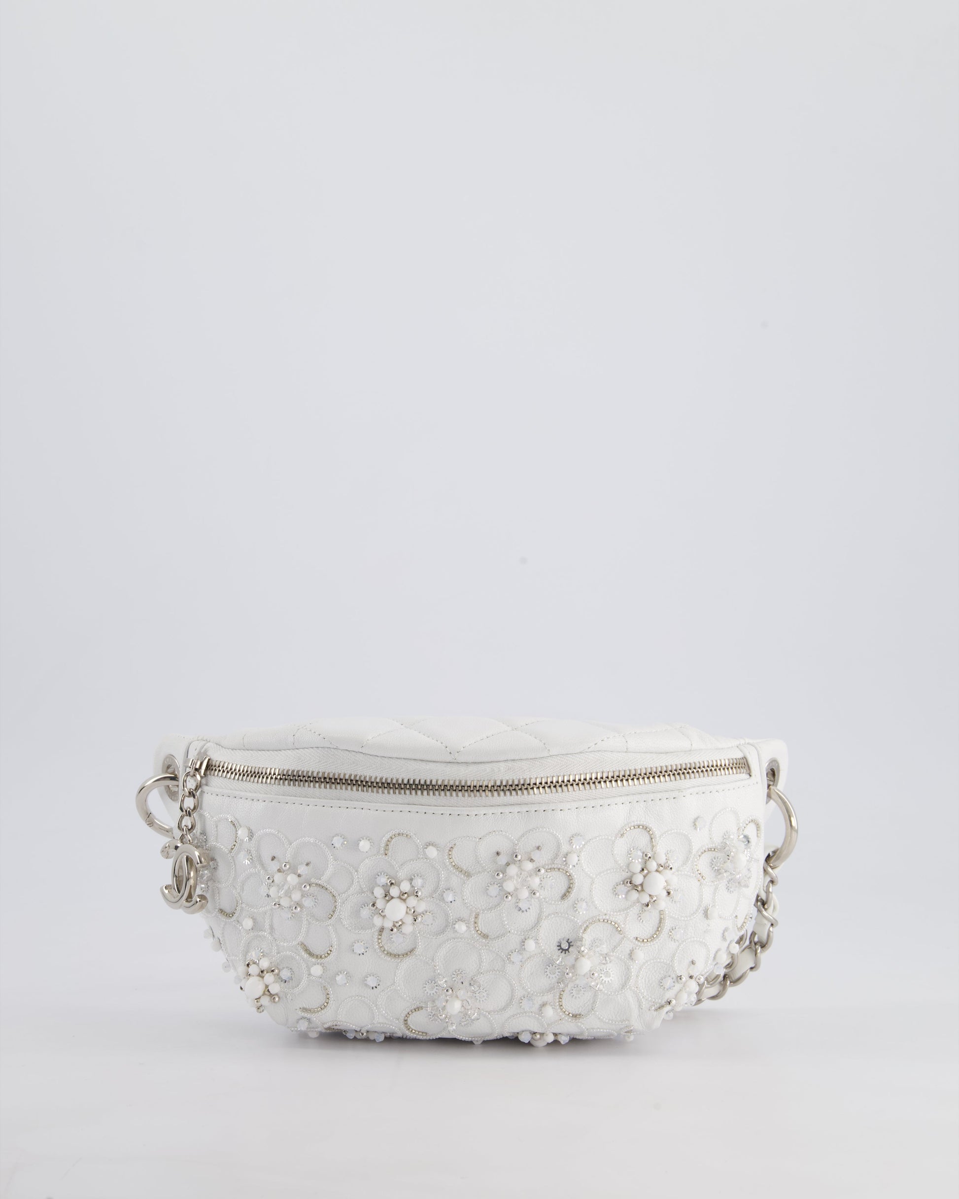 Chanel White Lambskin Leather Bum Bag With Silver Crystal Bead Embellishments And Silver Hardware Rrp £4,660