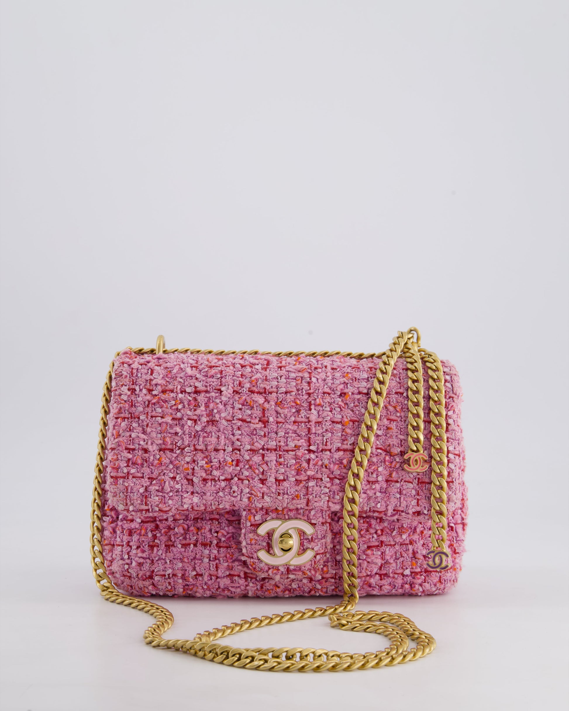 Chanel Pink & Lilac Tweed Seasonal Single Flap Bag With Brushed Gold Hardware & Pink Cc Logo