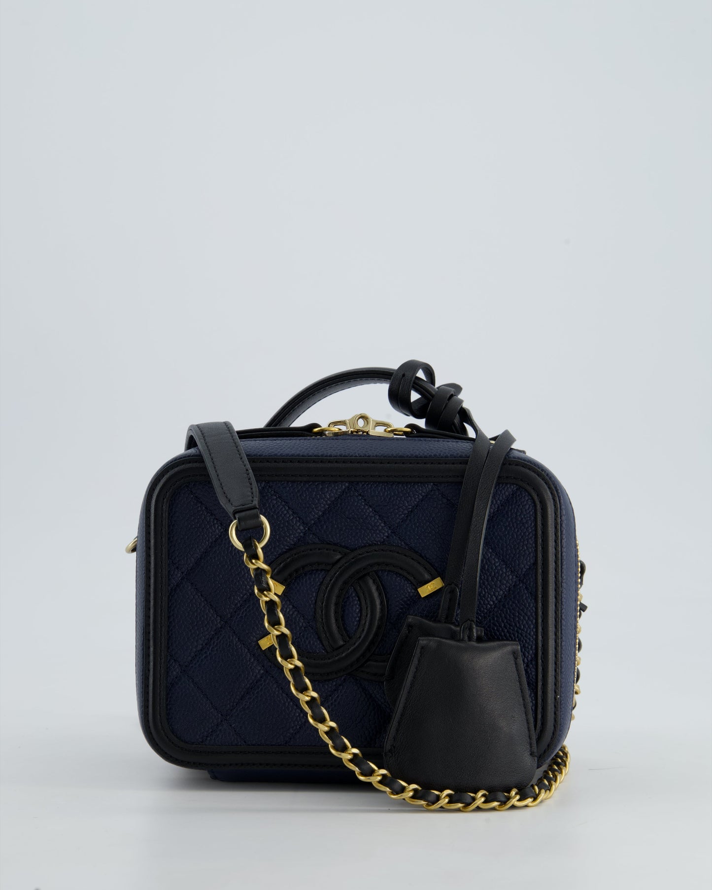 Chanel *Hot* Navy & Black Small Vanity Case Bag In Caviar Leather With Brushed Gold Hardware