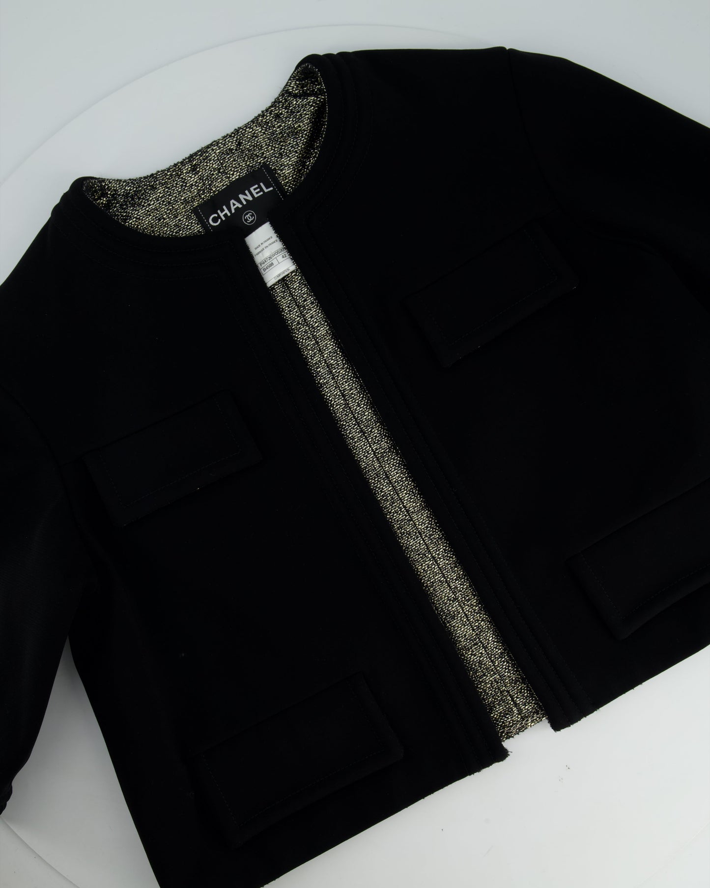 *HOT* Chanel 12/A Black and Silver Metallic Tweed Lined Pocket Jacket Size FR 42 (UK 14)