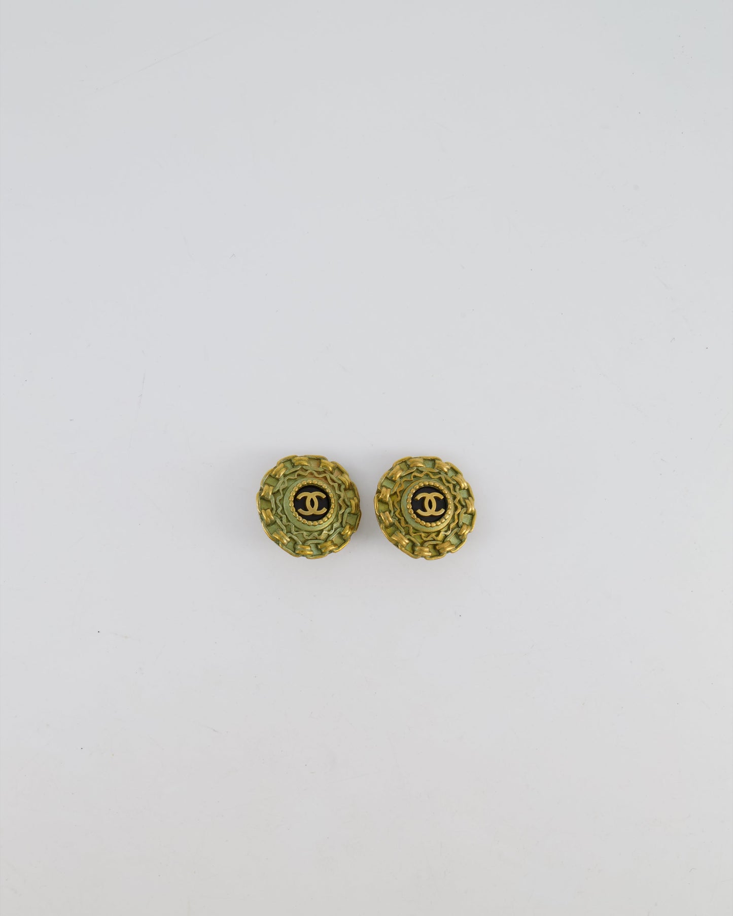 Chanel 94A CC Brushed Gold Matelasse Round Small Clip on Earrings with Black Detailing