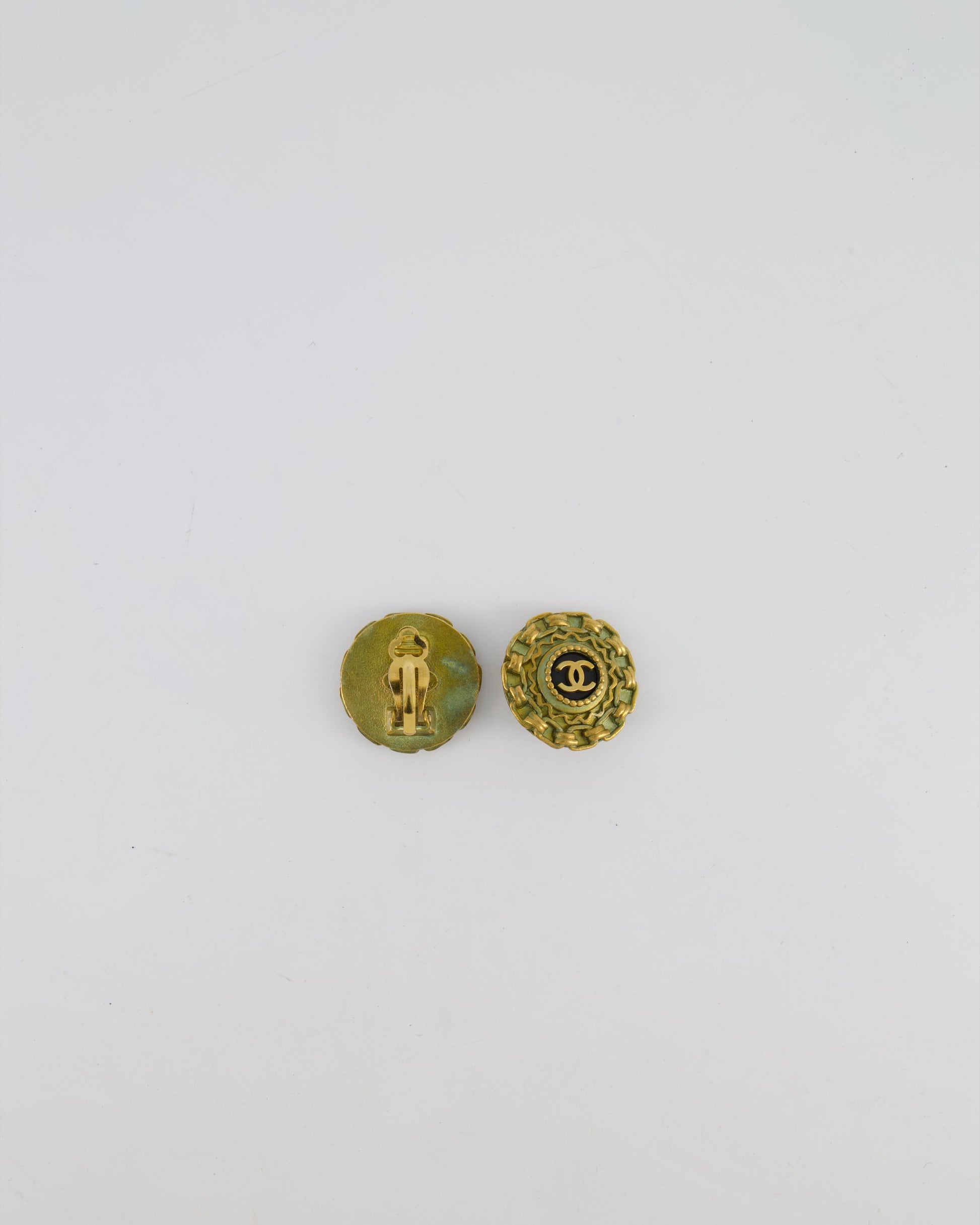 Chanel 94A CC Brushed Gold Matelasse Round Small Clip on Earrings with Black Detailing
