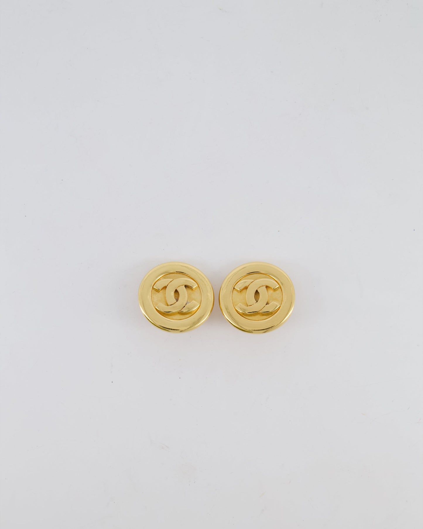 Chanel   Gold Classic Round Clip-On Earrings with Gold CC Logo