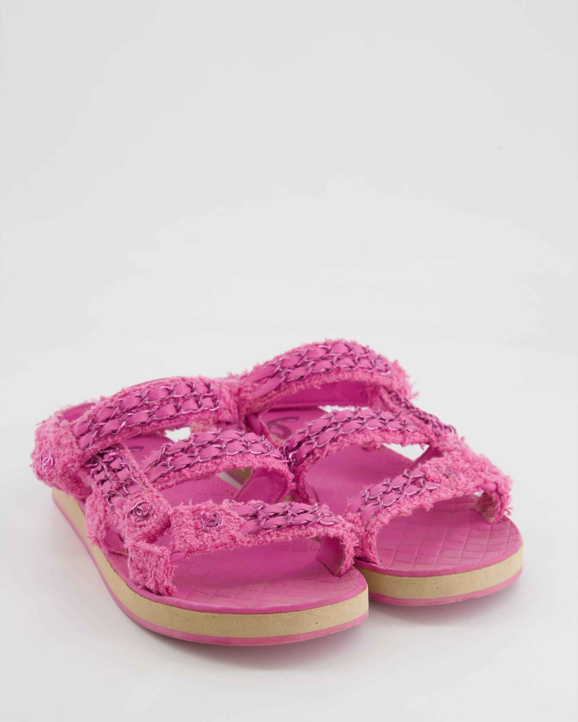 Chanel Pink Tweed Dad Sandals with Pink Chain and CC Logo Details Size 37 for Women