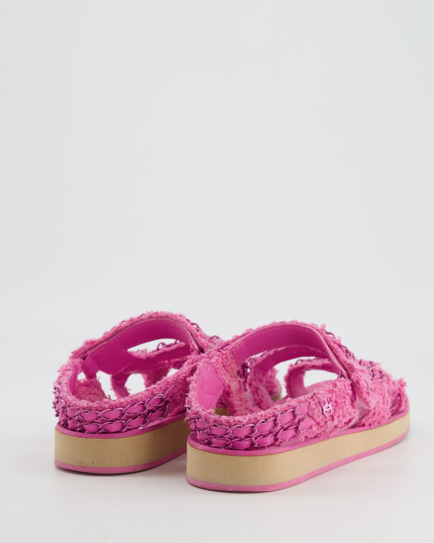 Chanel Pink Tweed Dad Sandals with Pink Chain and CC Logo Details Size 37 for Women