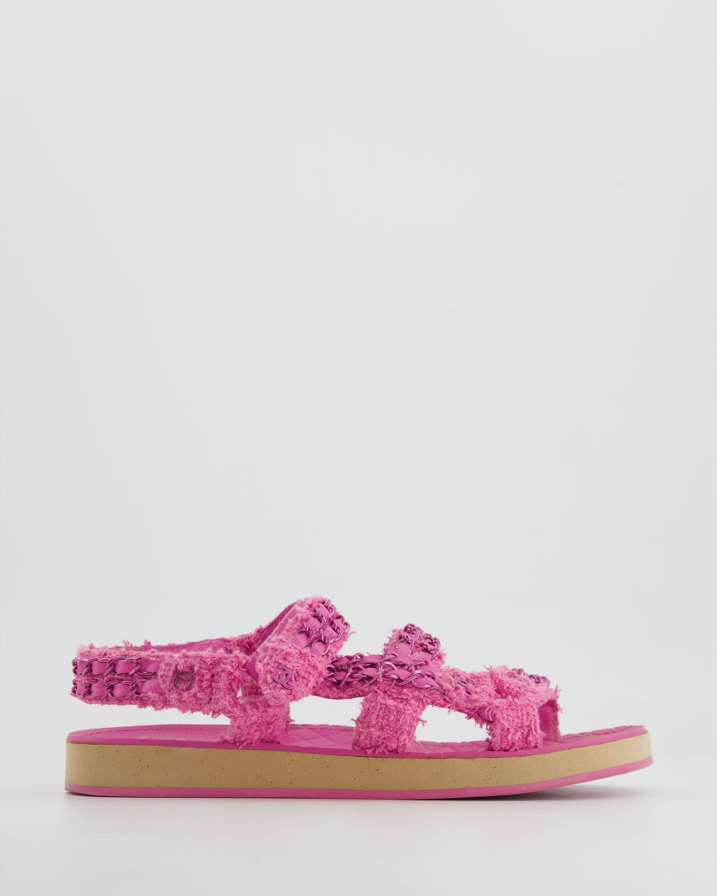 Chanel Pink Tweed Dad Sandals with Pink Chain and CC Logo Details Size 37 for Women