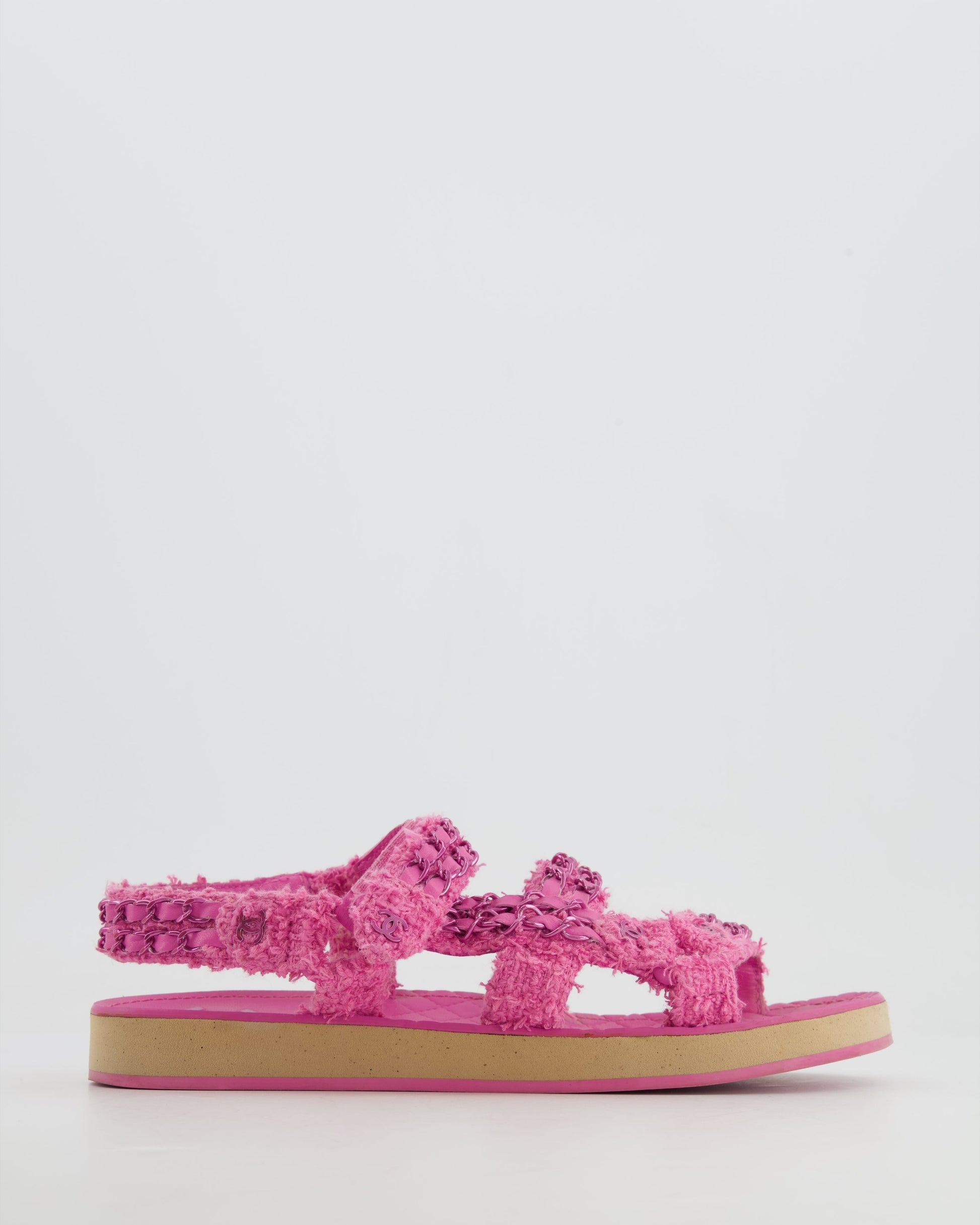 Chanel Pink Tweed Dad Sandals with Pink Chain and CC Logo Details Size 37 for Women