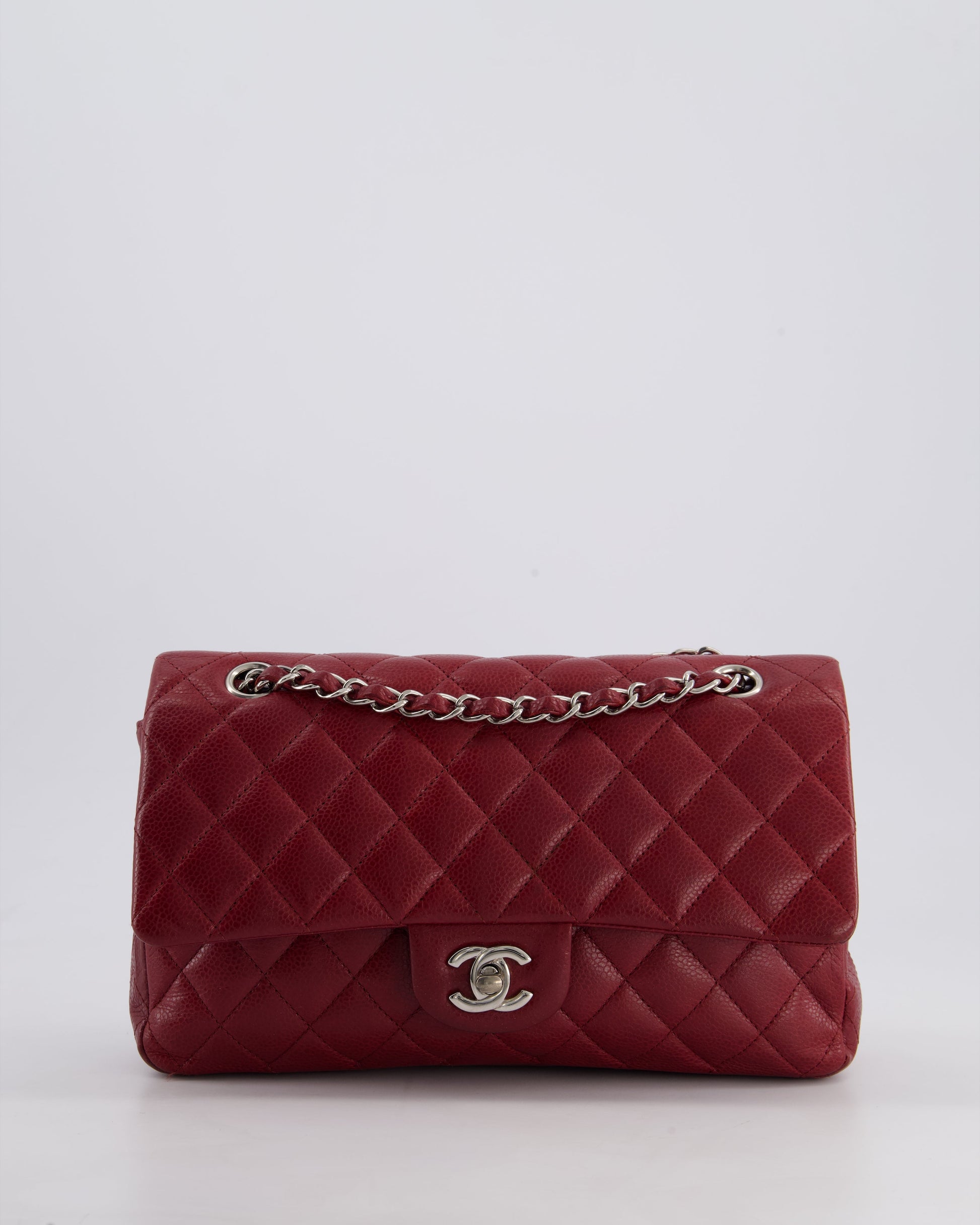 Chanel Burgundy Classic Medium Double Flap Bag In Caviar Leather With Silver Hardware