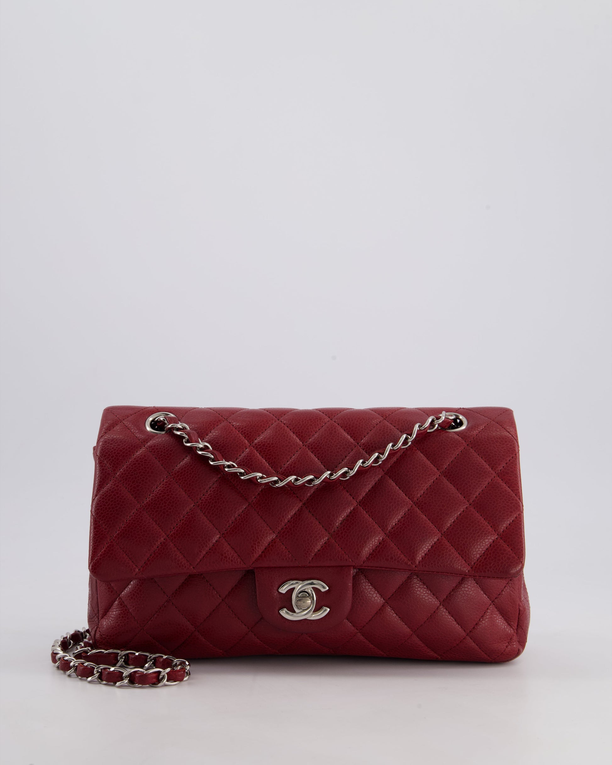 Chanel Burgundy Classic Medium Double Flap Bag In Caviar Leather With Silver Hardware