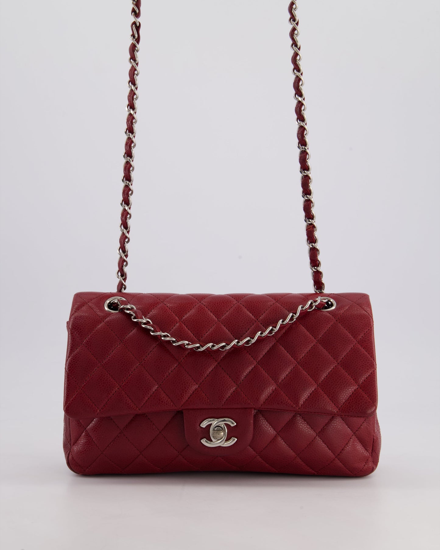 Chanel Burgundy Classic Medium Double Flap Bag In Caviar Leather With Silver Hardware