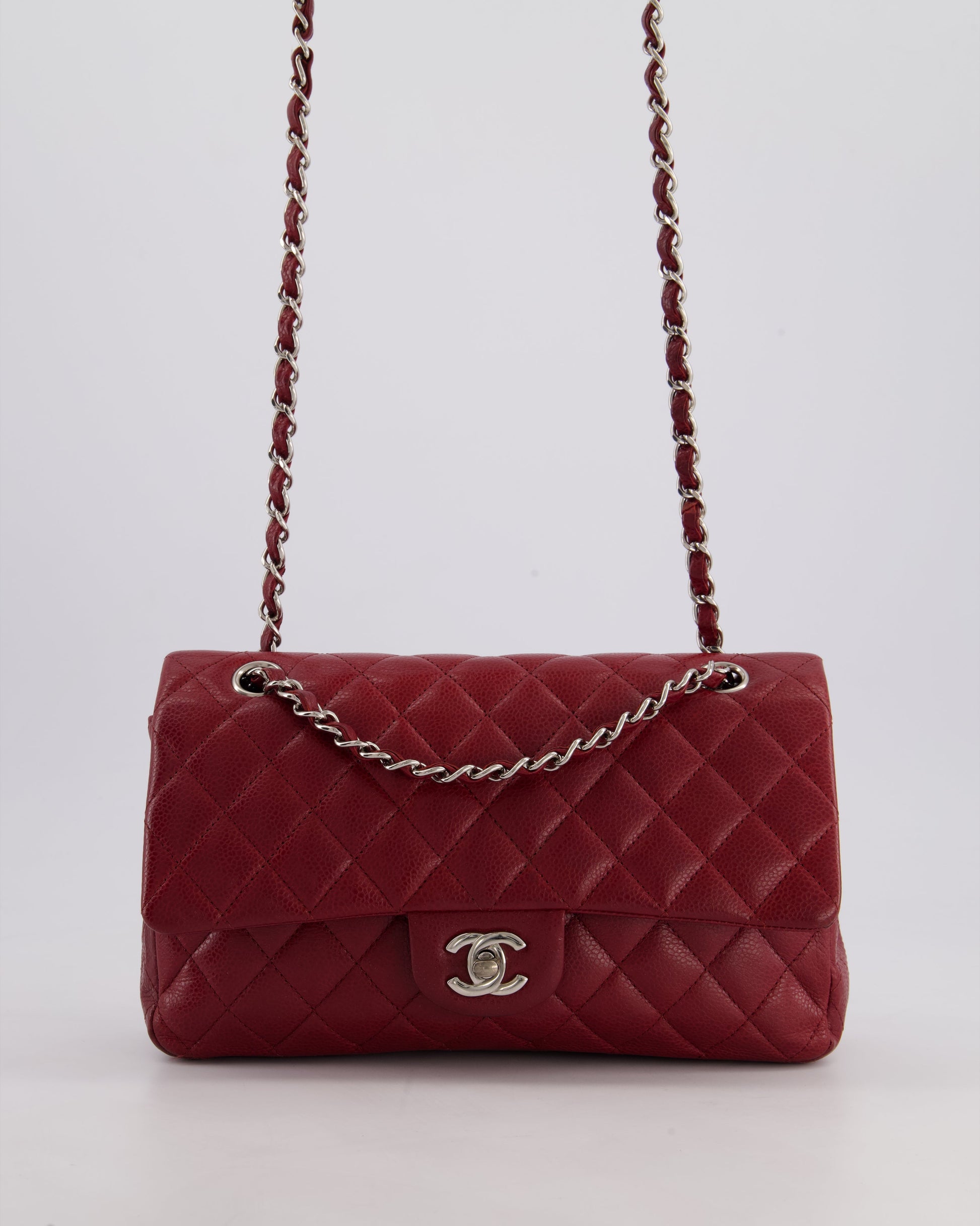 Chanel Burgundy Classic Medium Double Flap Bag In Caviar Leather With Silver Hardware