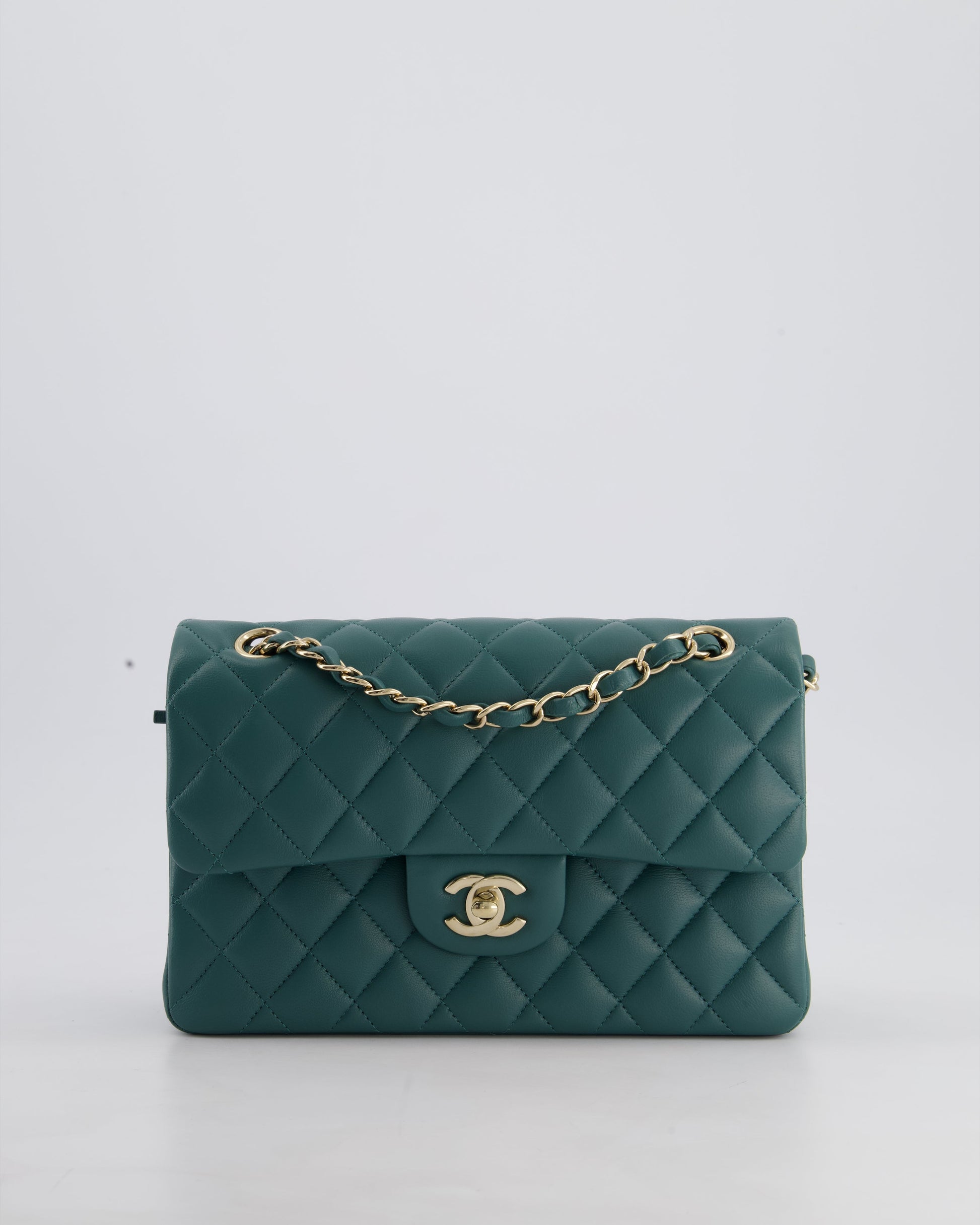 Chanel Green Small Classic Double Flap Bag In Lambskin Leather With Champagne Gold Hardware