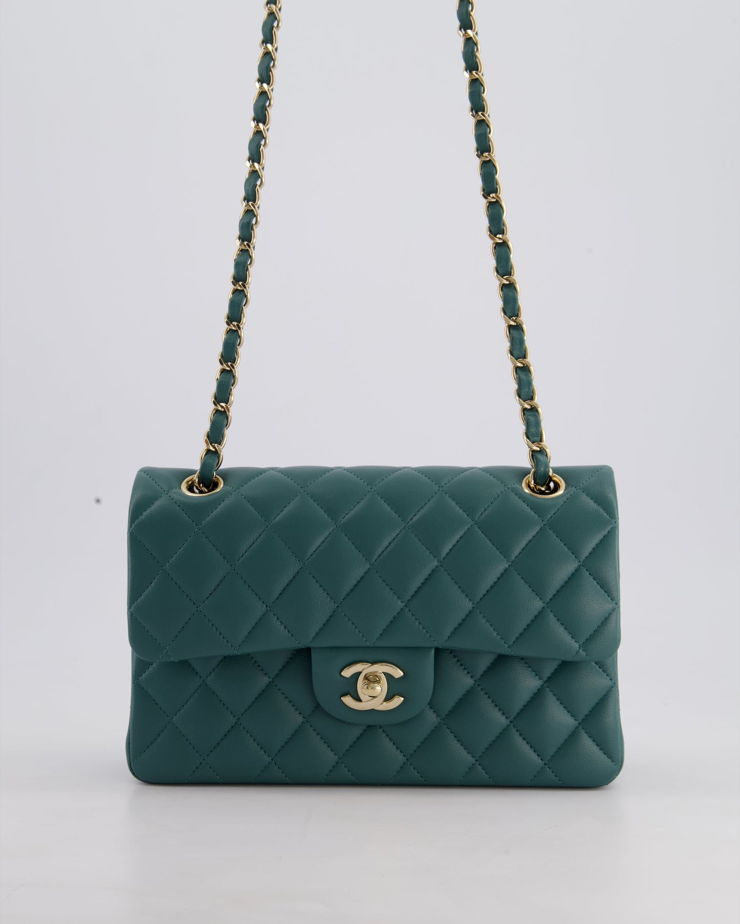 Chanel Green Small Classic Double Flap Bag In Lambskin Leather With Champagne Gold Hardware