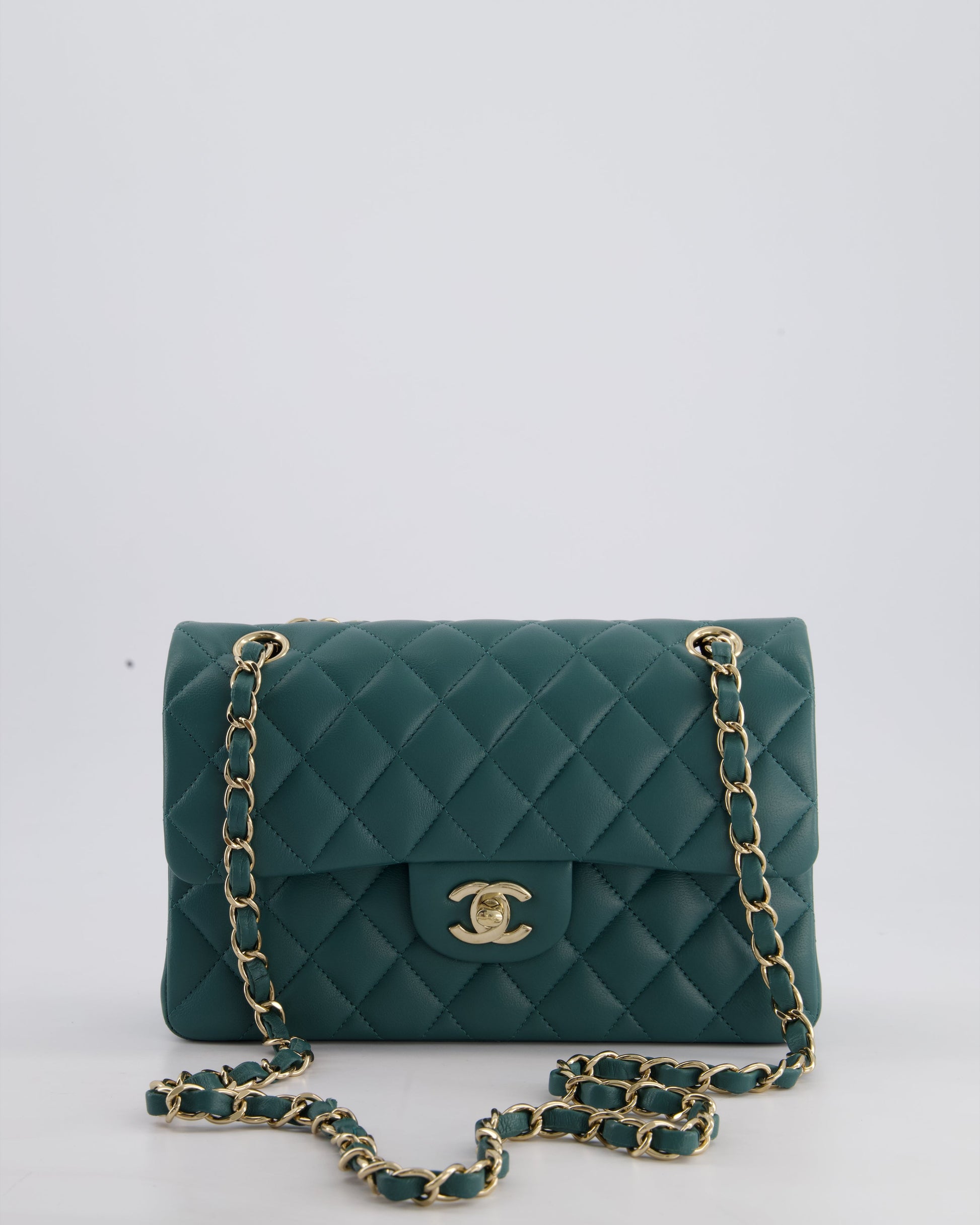 Chanel Green Small Classic Double Flap Bag In Lambskin Leather With Champagne Gold Hardware