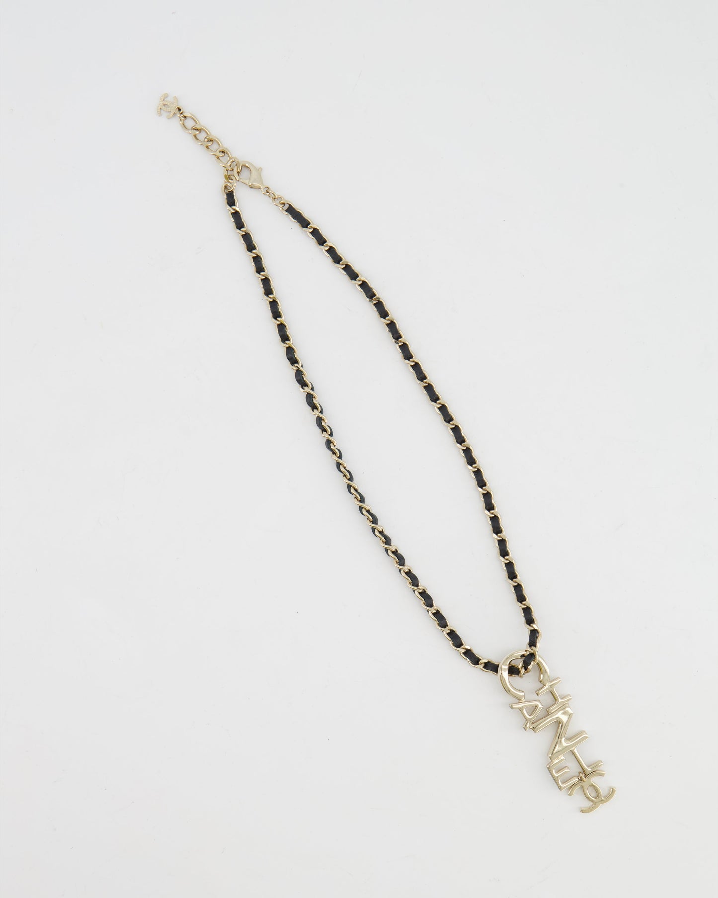 Chanel 22K Black Chain and Champagne Gold Necklace with Logo Pendant