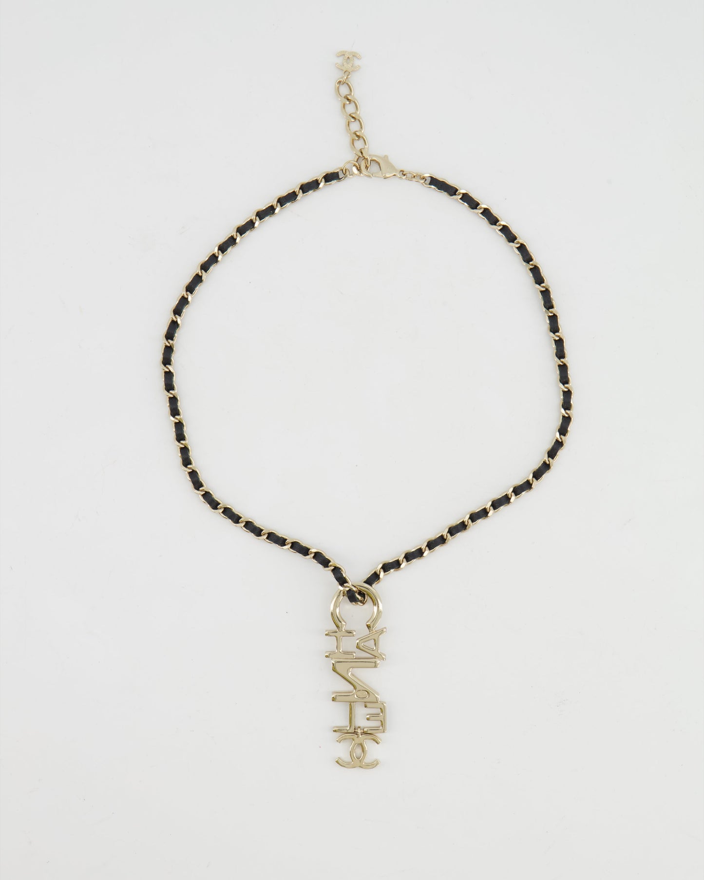 Chanel 22K Black Chain and Champagne Gold Necklace with Logo Pendant