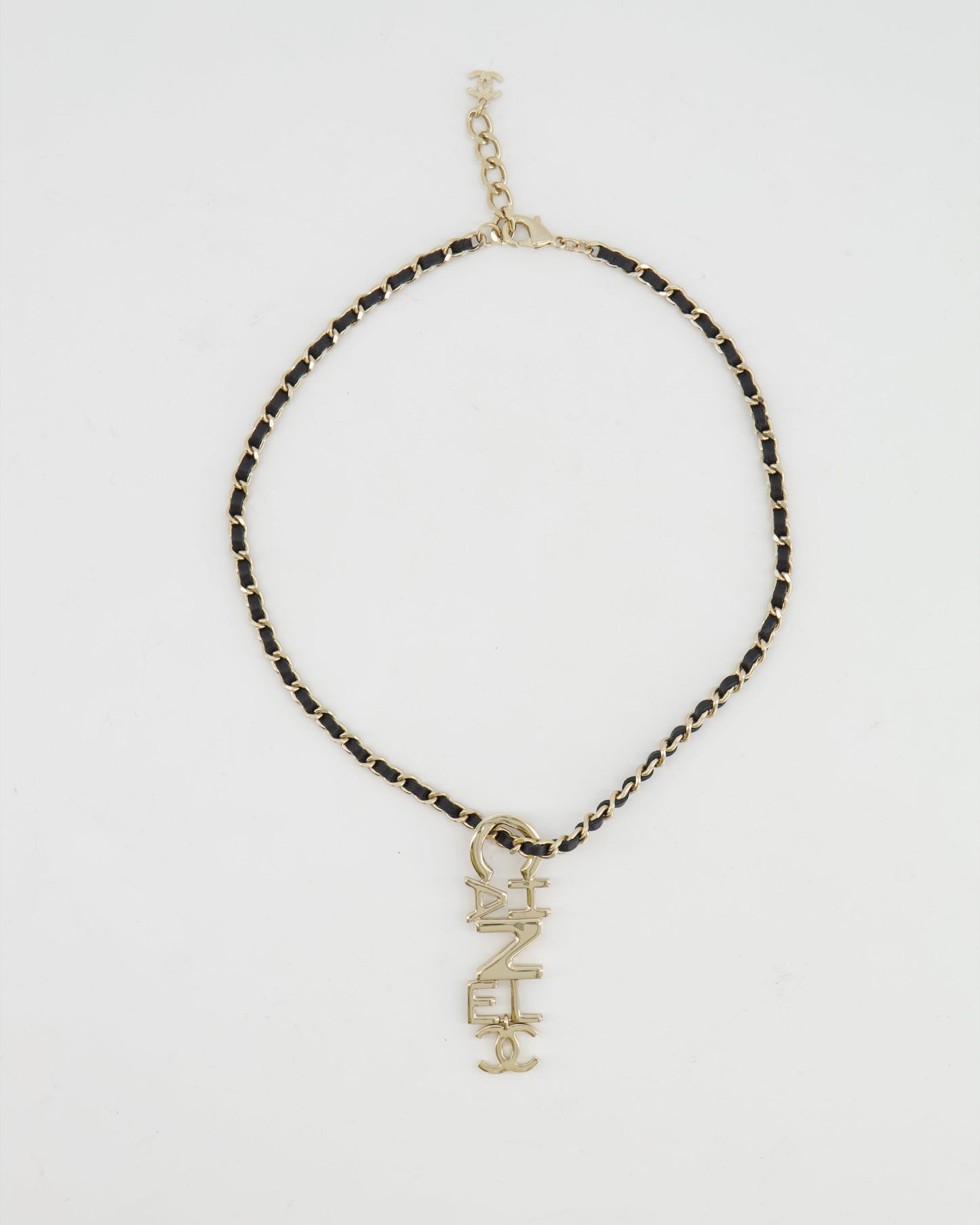 Chanel 22K Black Chain and Champagne Gold Necklace with Logo Pendant