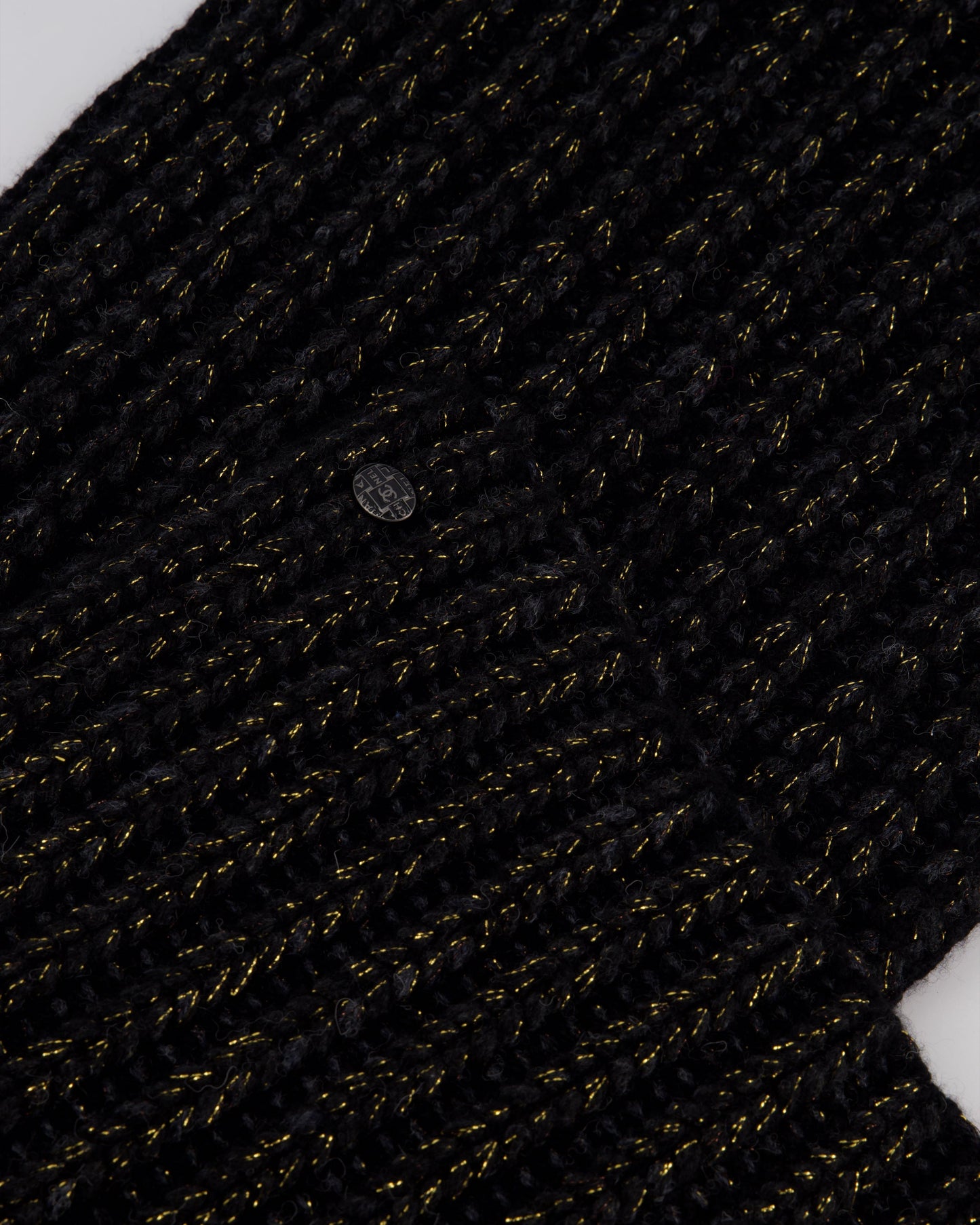 Chanel Black Grey And Gold Metallic Knitted Cashmere Blend Scarf With White Cc Logo Button One Size Bag