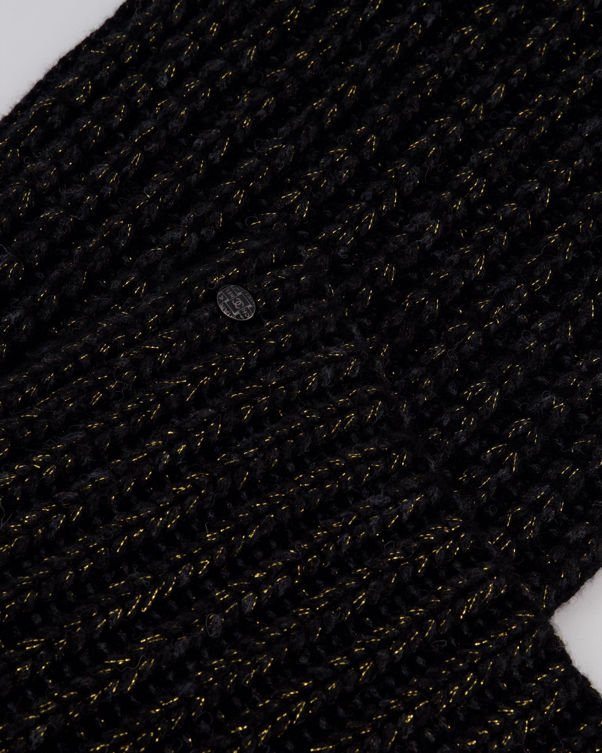 Chanel Black Grey And Gold Metallic Knitted Cashmere Blend Scarf With White Cc Logo Button One Size Bag