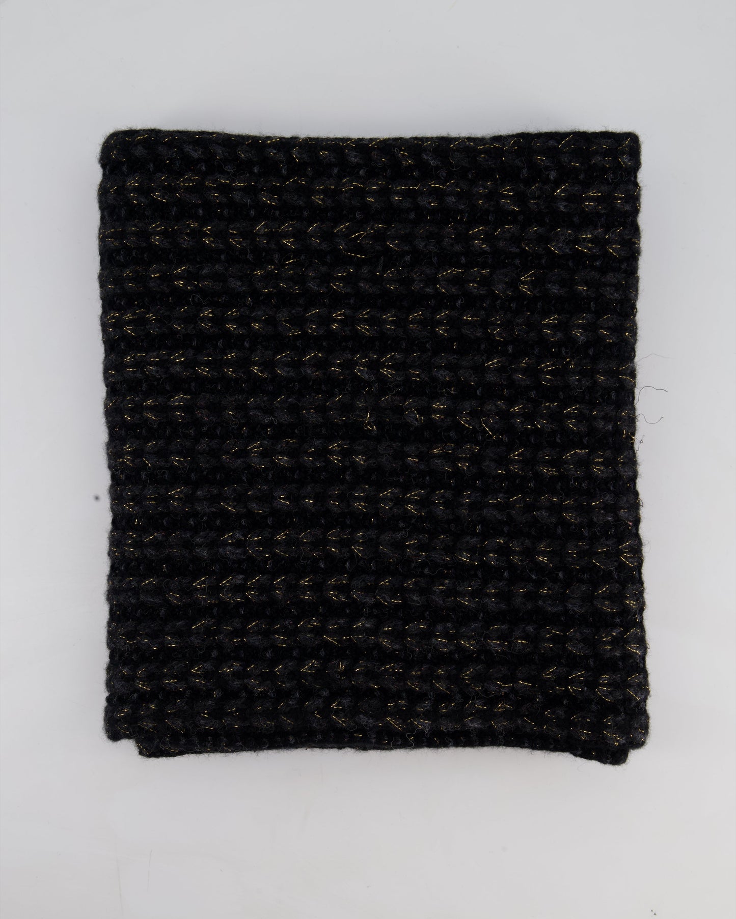 Chanel Black Grey and Gold Metallic Knitted Cashmere Blend Scarf with White CC Logo Button One Size Handbag