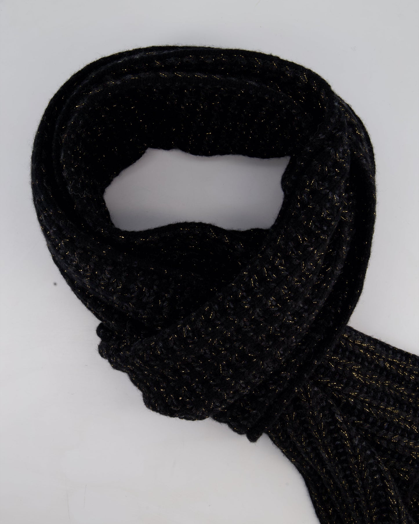 Chanel Black Grey and Gold Metallic Knitted Cashmere Blend Scarf with White CC Logo Button One Size