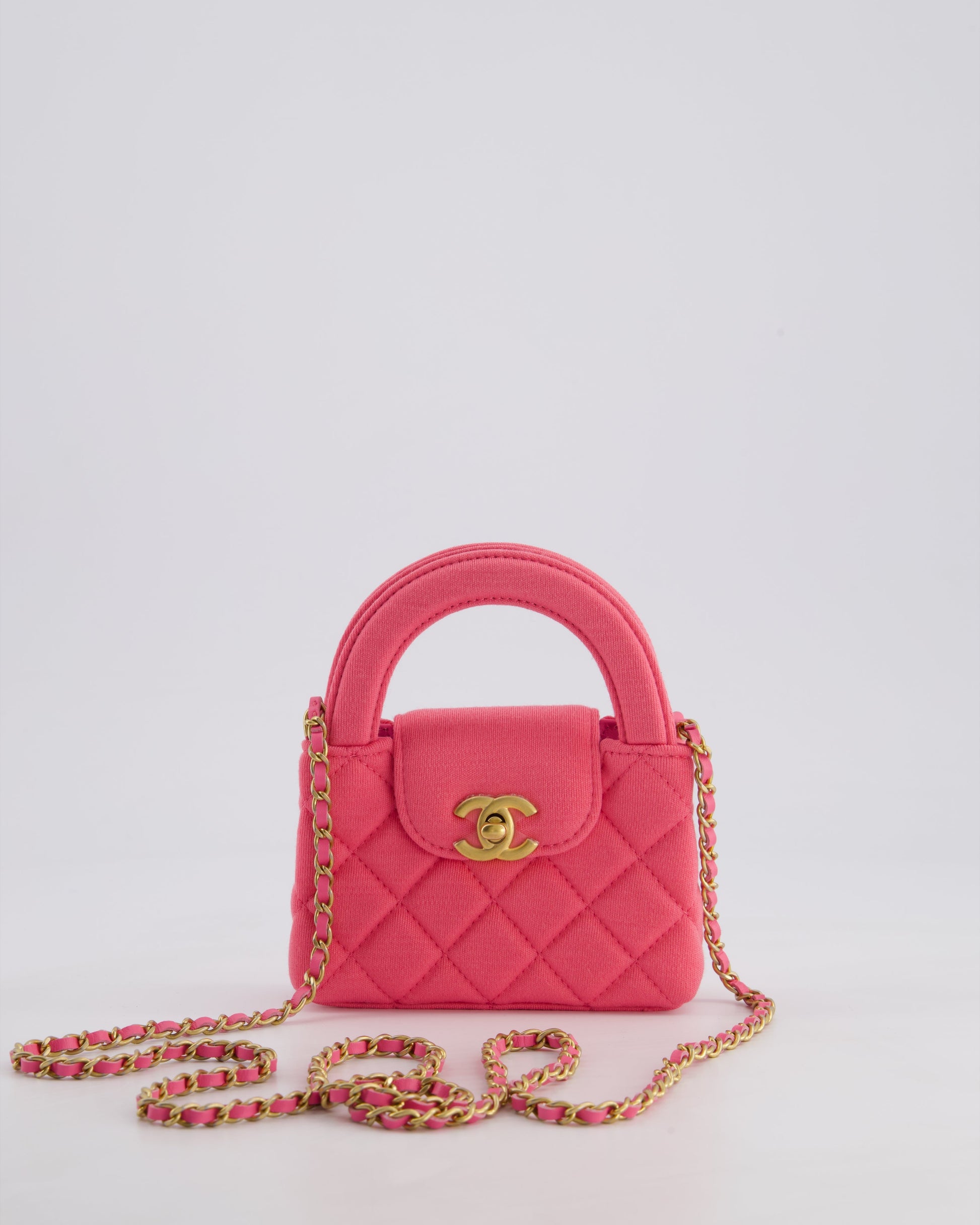 Chanel *Rare* Pink Nano Mini Kelly Bag In Pink Quilted Jersey With Brushed Antique Gold Hardware