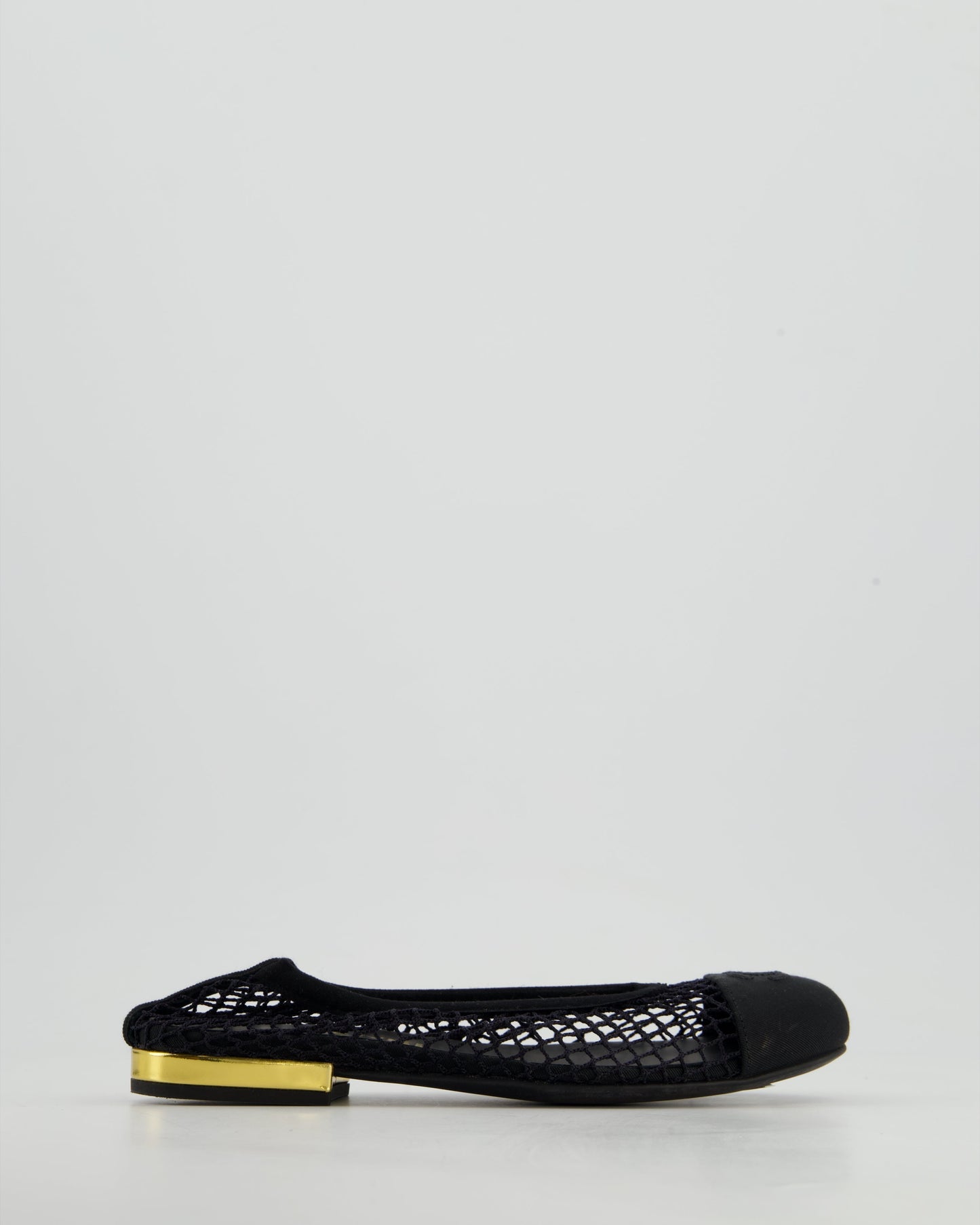 Chanel Black Ballerina Shoes In Mesh & Grosgrain With Gold Heel Detail & CC Logo Size Eu 35