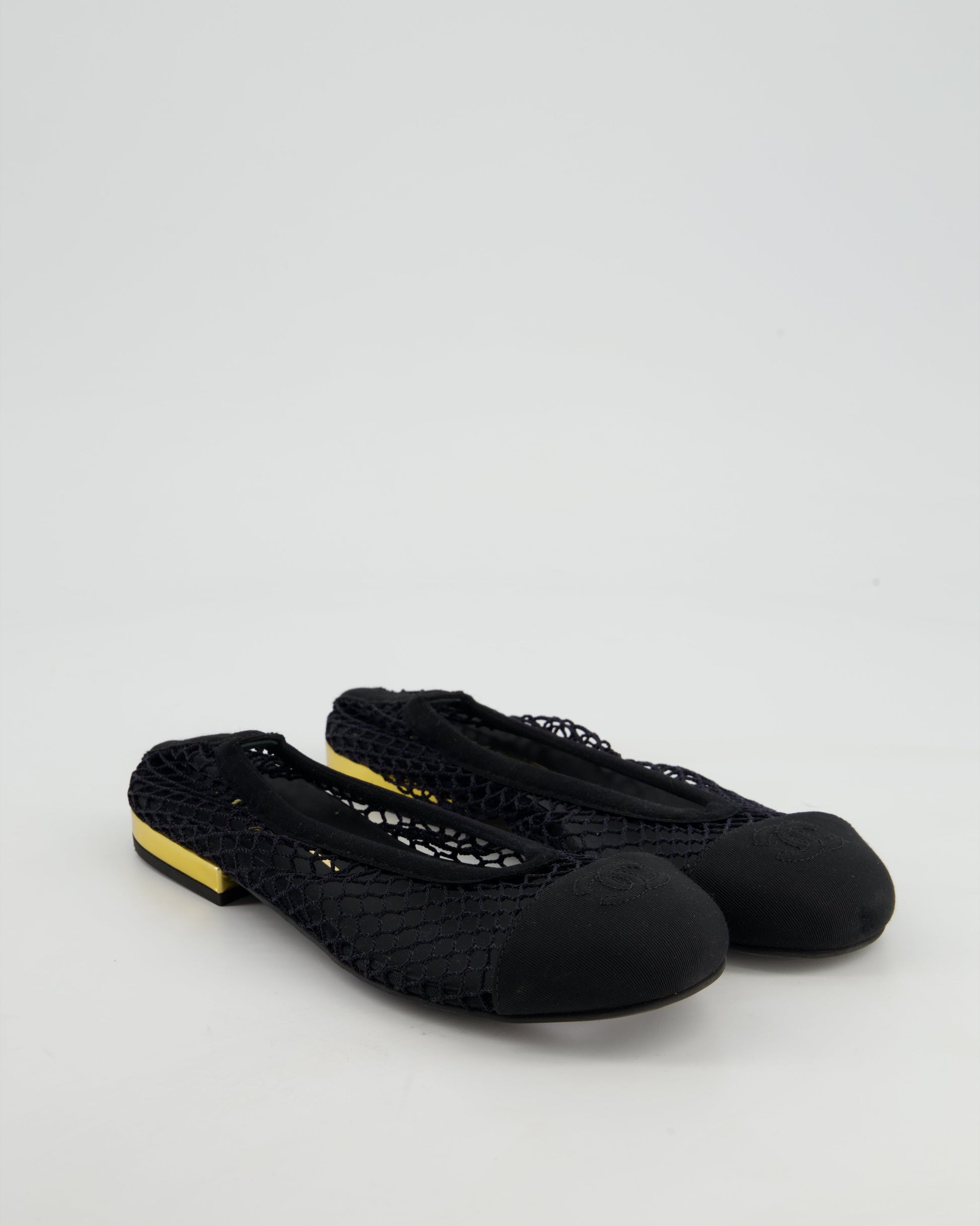 Chanel Black Ballerina Shoes in Mesh & Grosgrain with Gold Heel Detail & CC Logo Size Eu 35 for Women