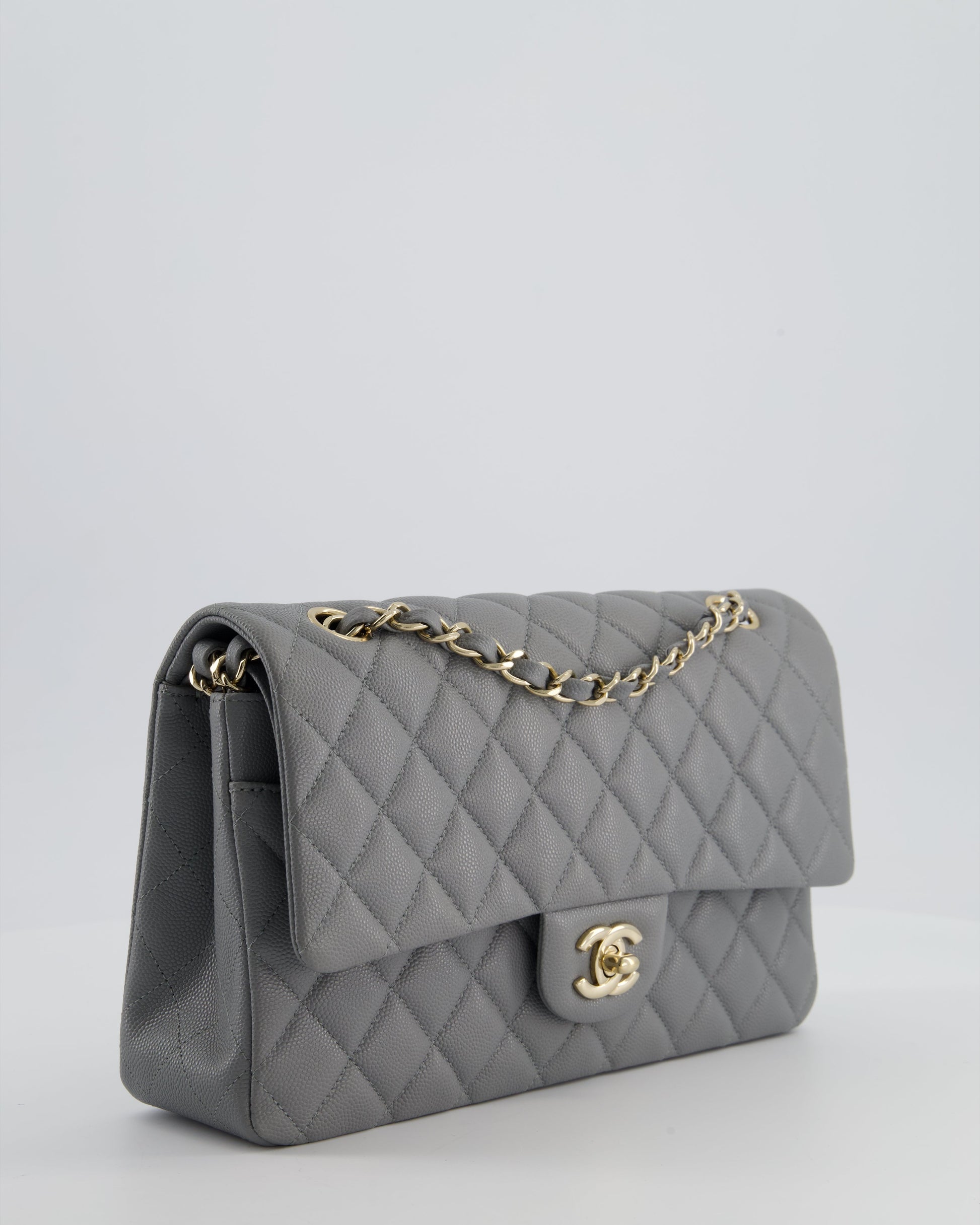 Chanel Stone Grey Medium Double Flap Bag in Caviar Leather with Champagne Gold Hardware