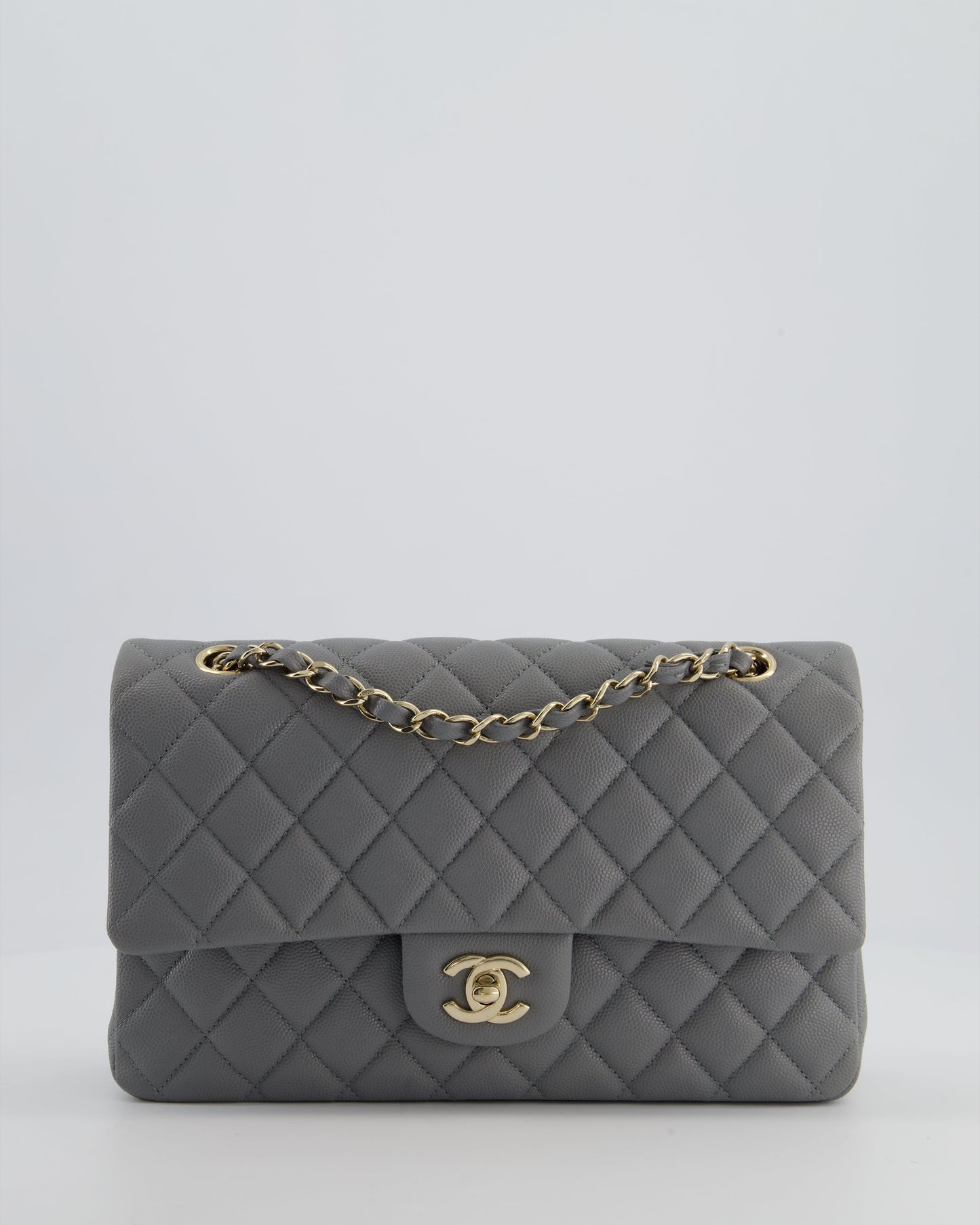Chanel Stone Grey Medium Double Flap Bag In Caviar Leather With Champagne Gold Hardware