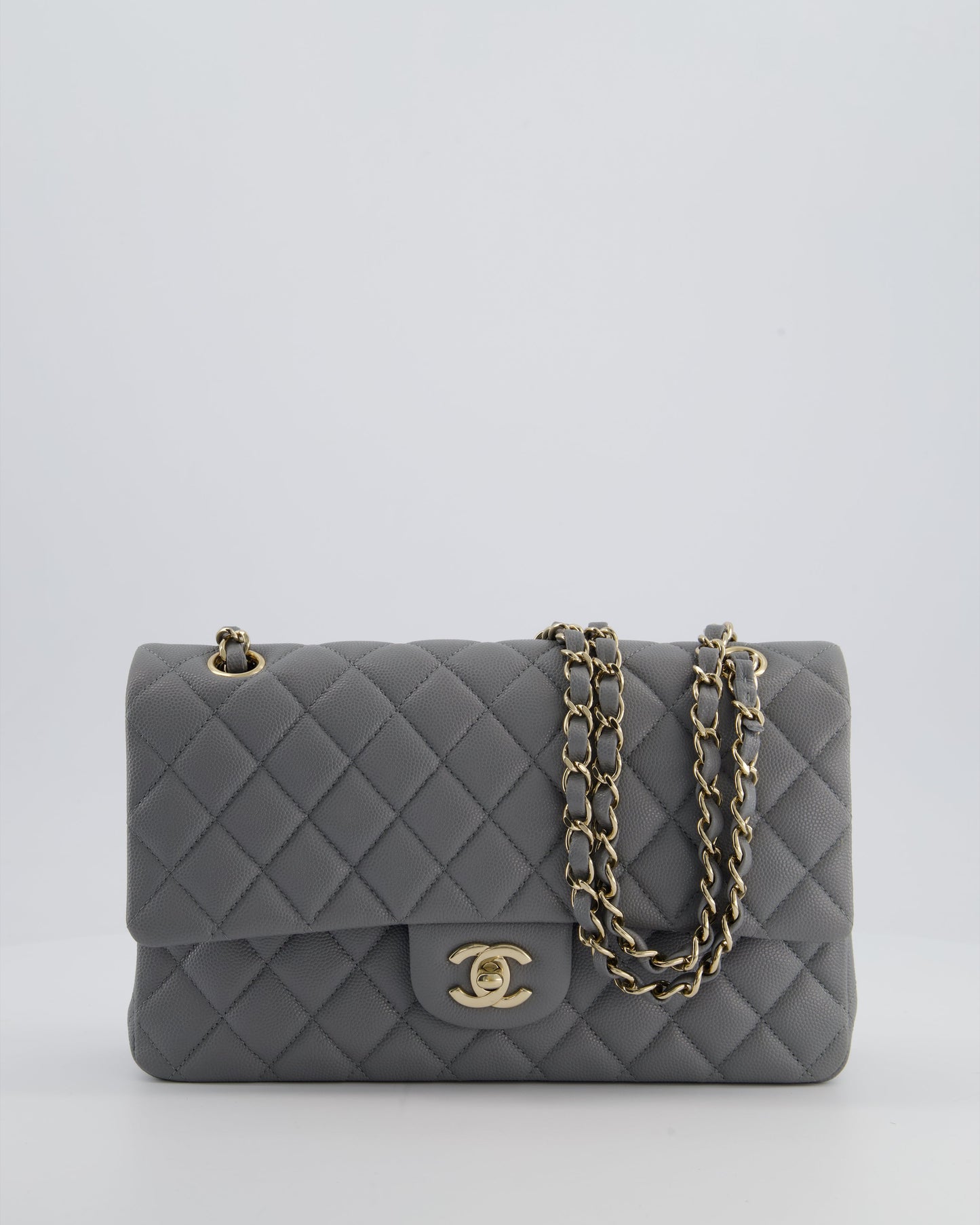 Chanel Stone Grey Medium Double Flap Bag In Caviar Leather With Champagne Gold Hardware