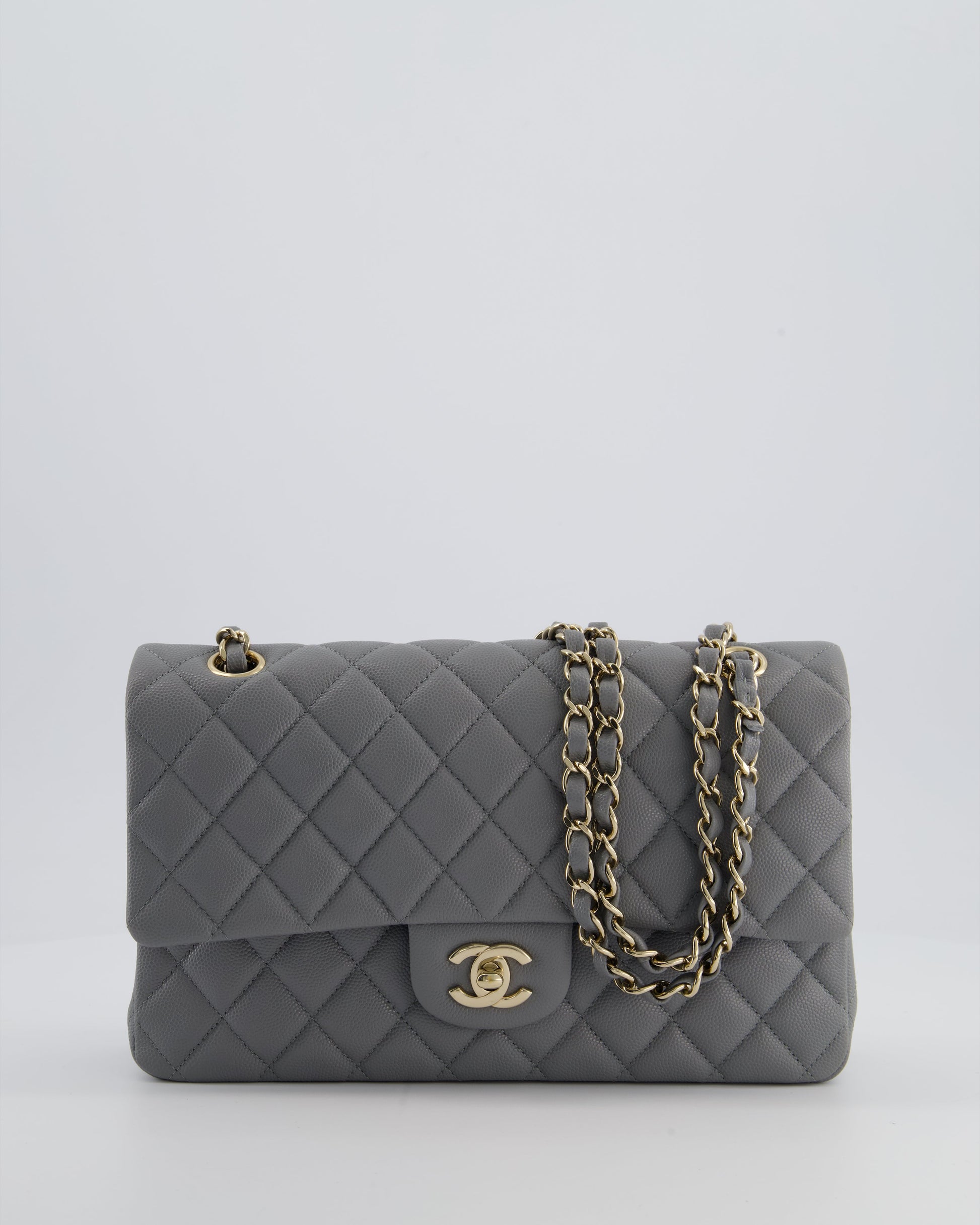 Chanel Stone Grey Medium Double Flap Bag In Caviar Leather With Champagne Gold Hardware