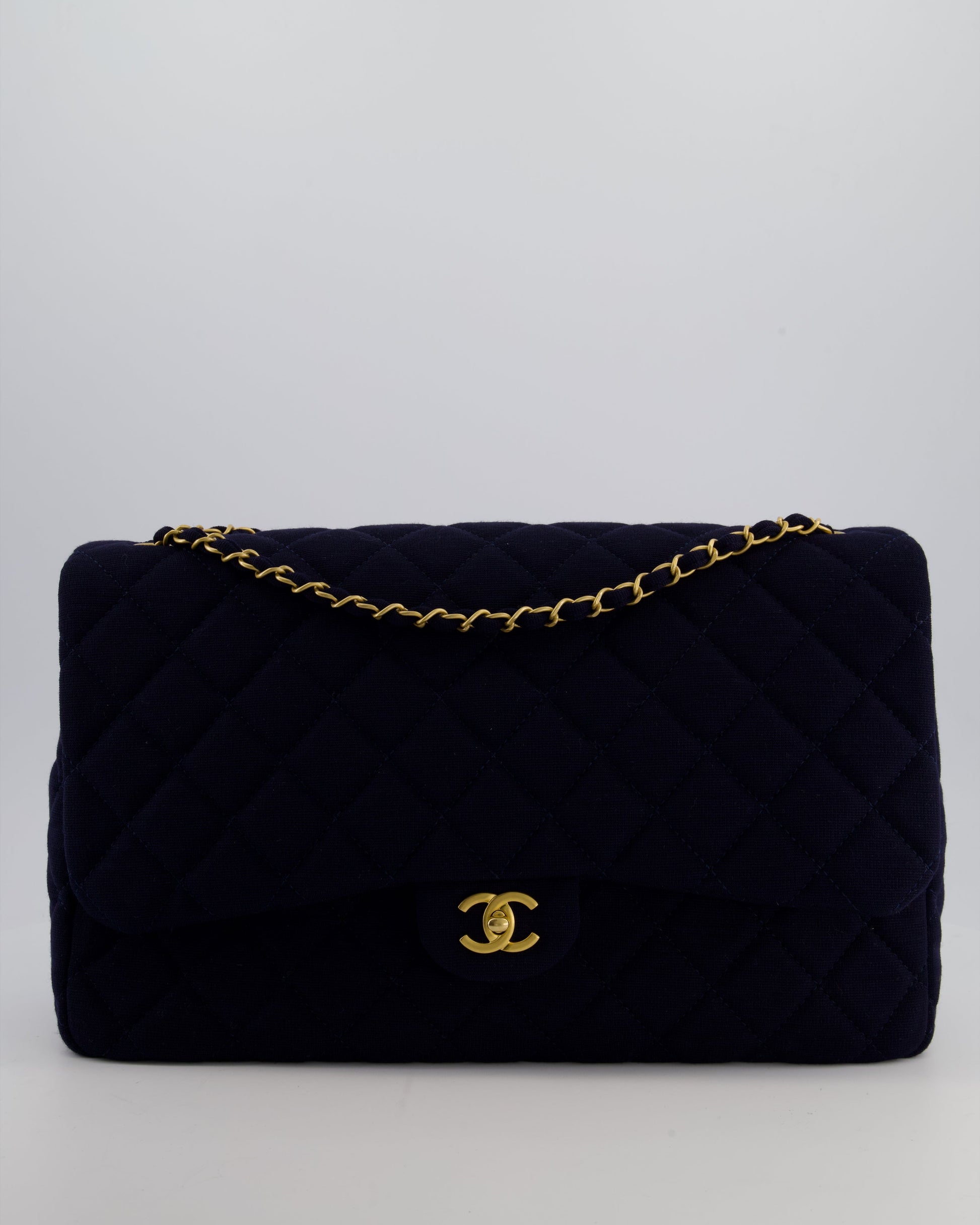 Chanel *hot* Navy Xxl Single Flap Bag in Quilted Jersey with Gold Hardware