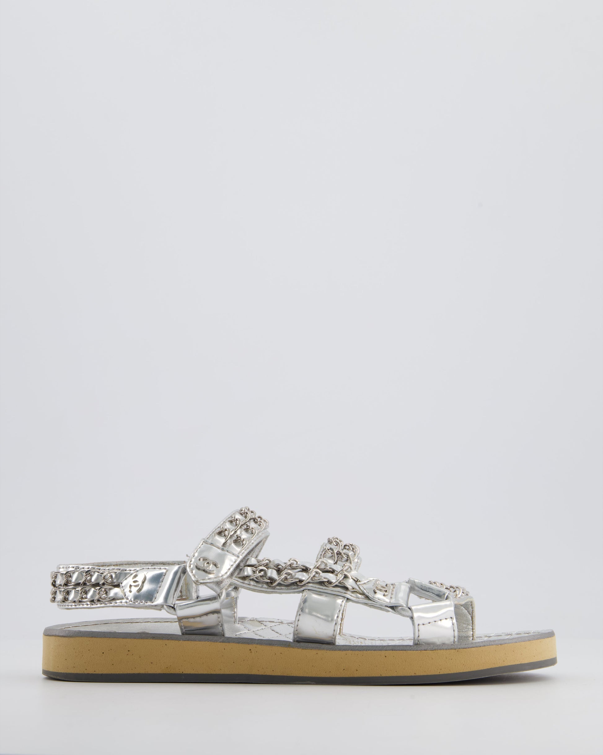 Chanel Silver Laminated Goatskin Dad Sandal with Chain Detail Size Eu 37 for Women
